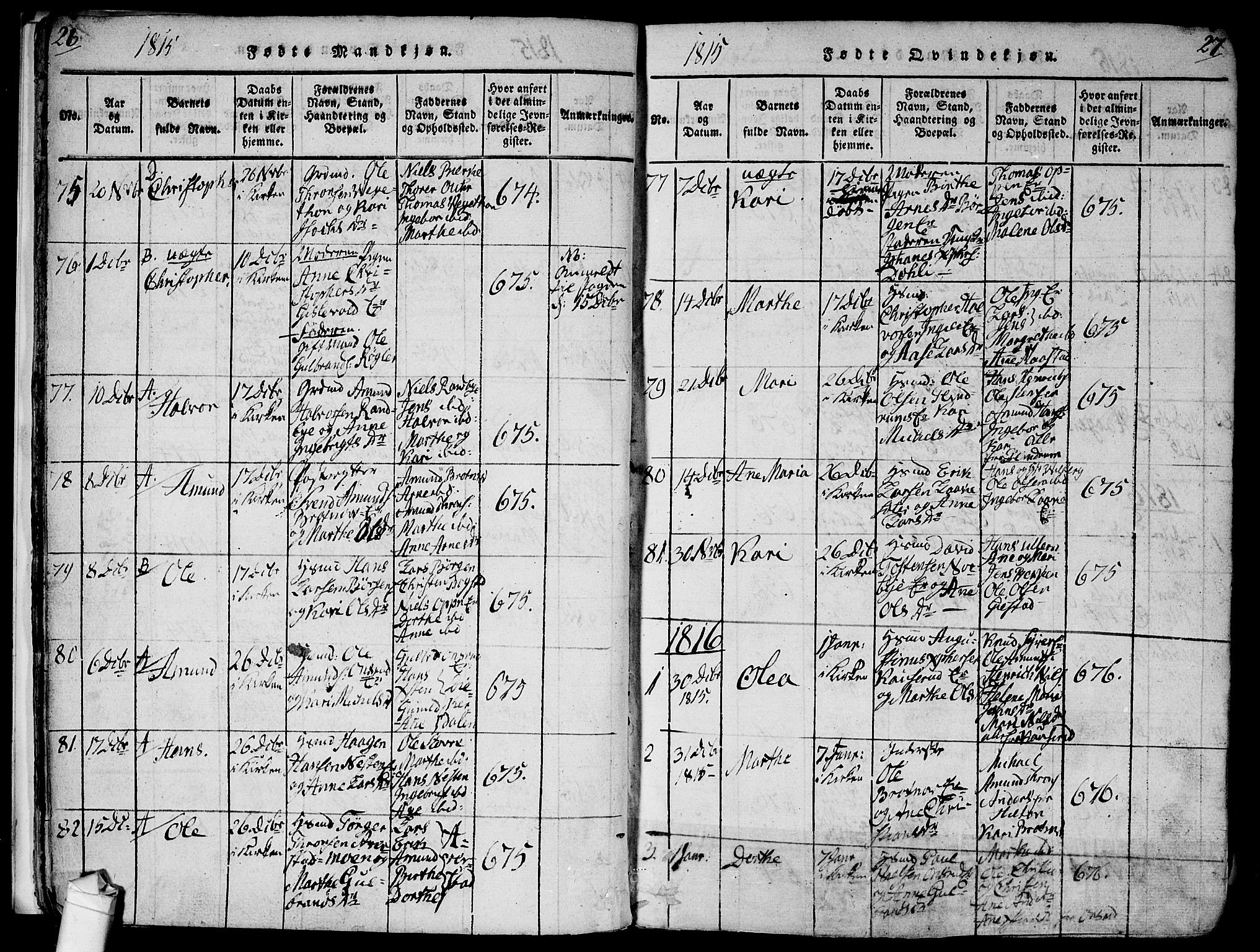 Ullensaker prestekontor Kirkebøker, AV/SAO-A-10236a/F/Fa/L0013: Parish register (official) no. I 13, 1815-1835, p. 26-27