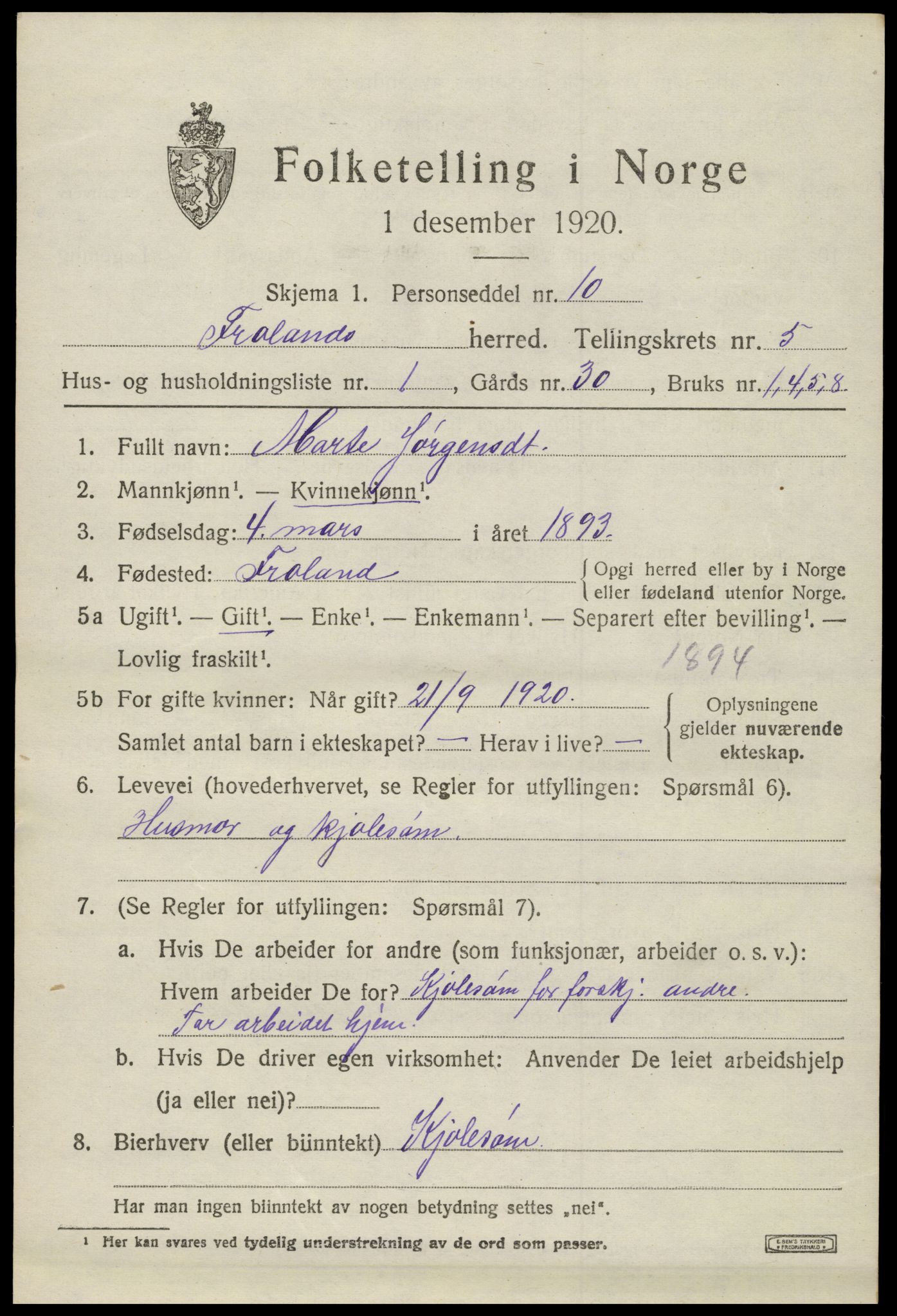 SAK, 1920 census for Froland, 1920, p. 3641