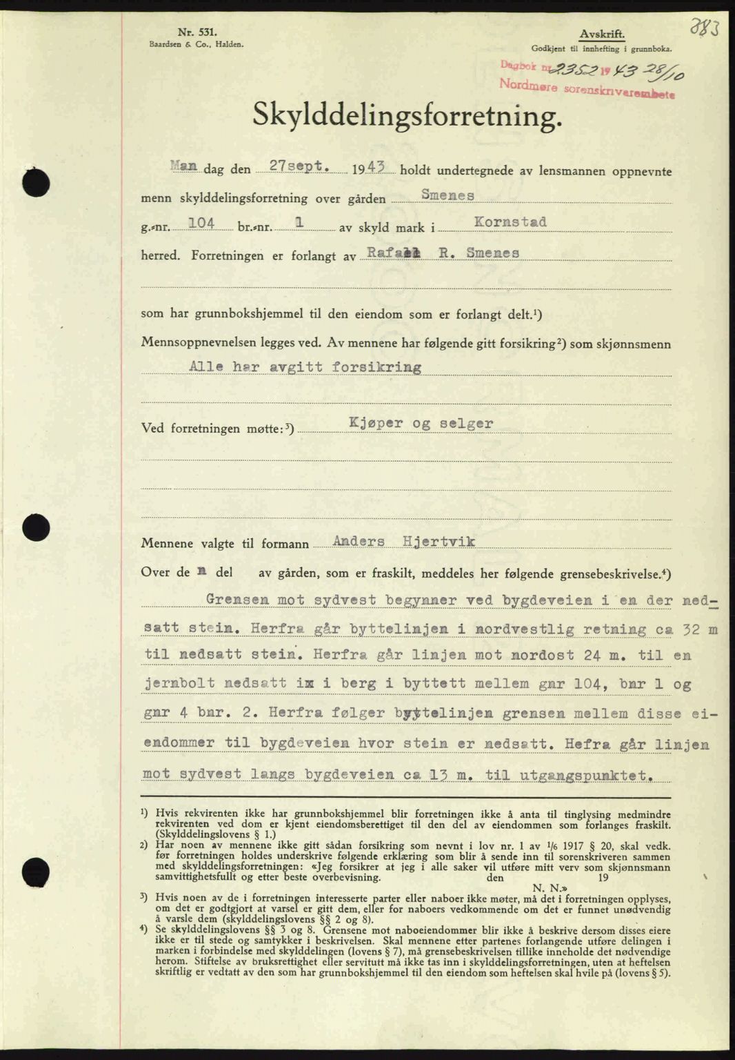 Nordmøre sorenskriveri, SAT/A-4132/1/2/2Ca: Mortgage book no. A96, 1943-1944, Diary no: : 2352/1943