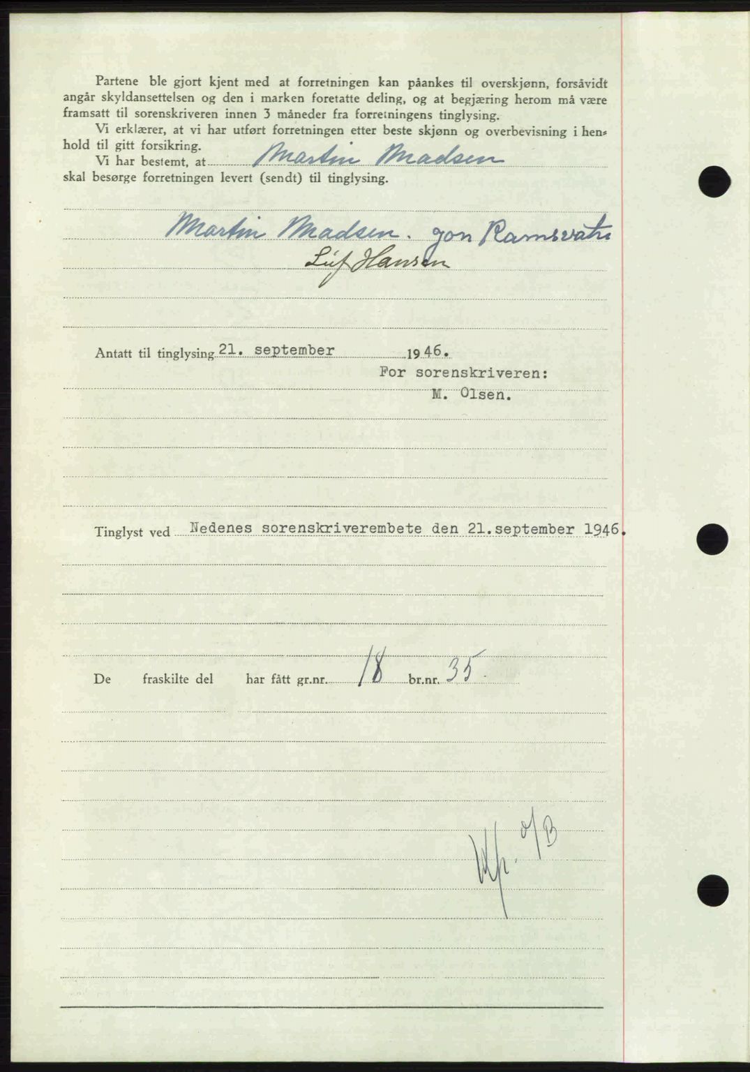 Nedenes sorenskriveri, AV/SAK-1221-0006/G/Gb/Gba/L0056: Mortgage book no. A8, 1946-1947, Diary no: : 1146/1946