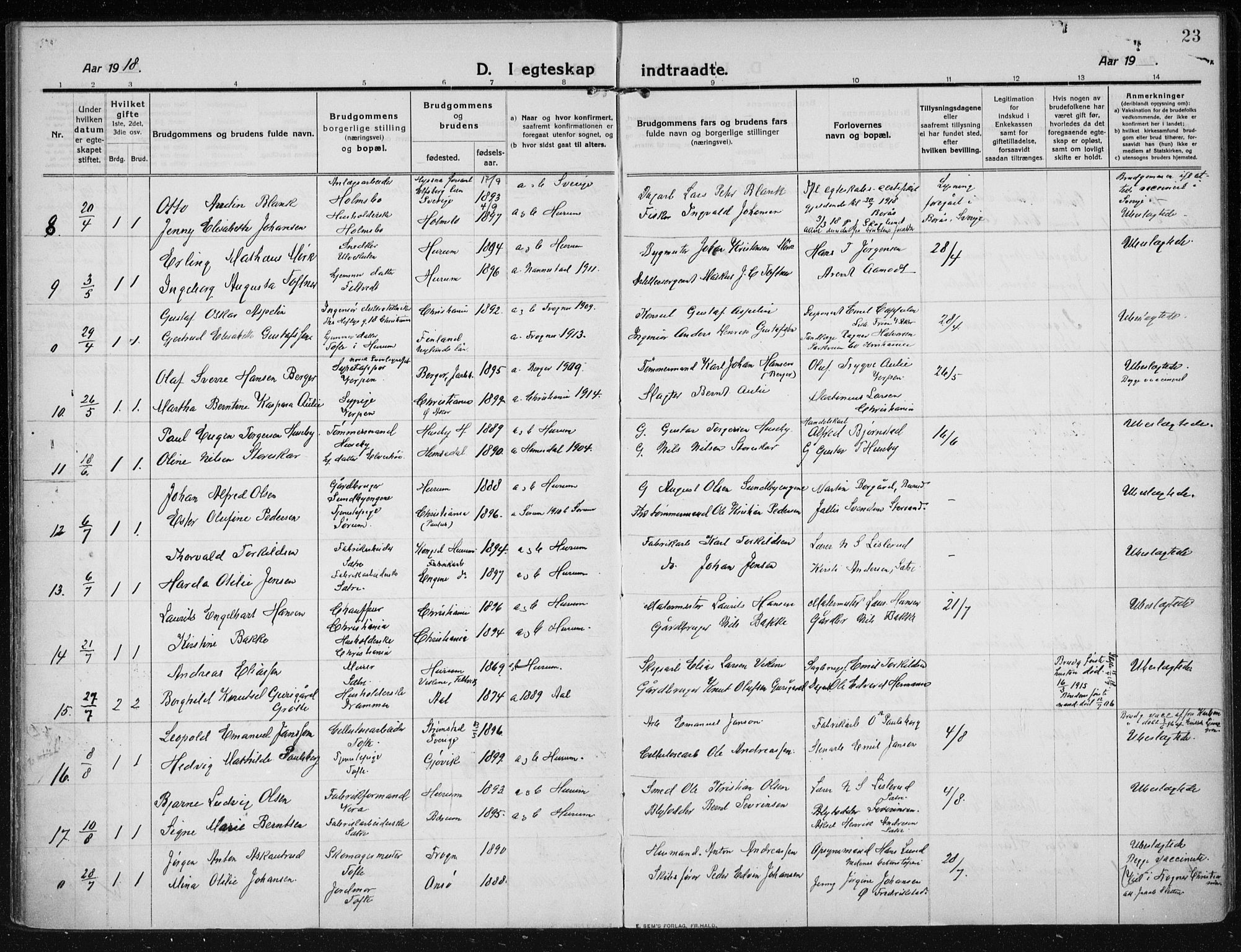 Hurum kirkebøker, AV/SAKO-A-229/F/Fa/L0017: Parish register (official) no. 17, 1910-1925, p. 23