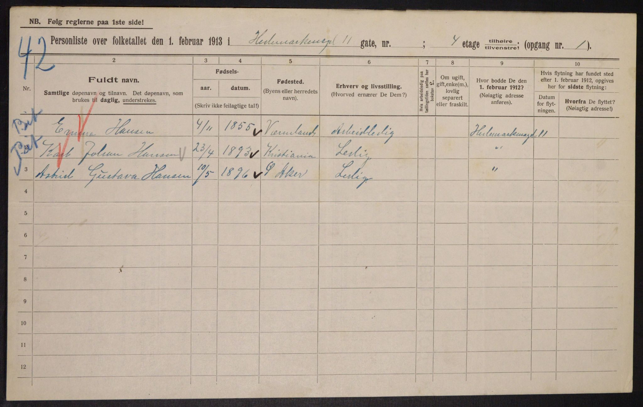 OBA, Municipal Census 1913 for Kristiania, 1913, p. 35994