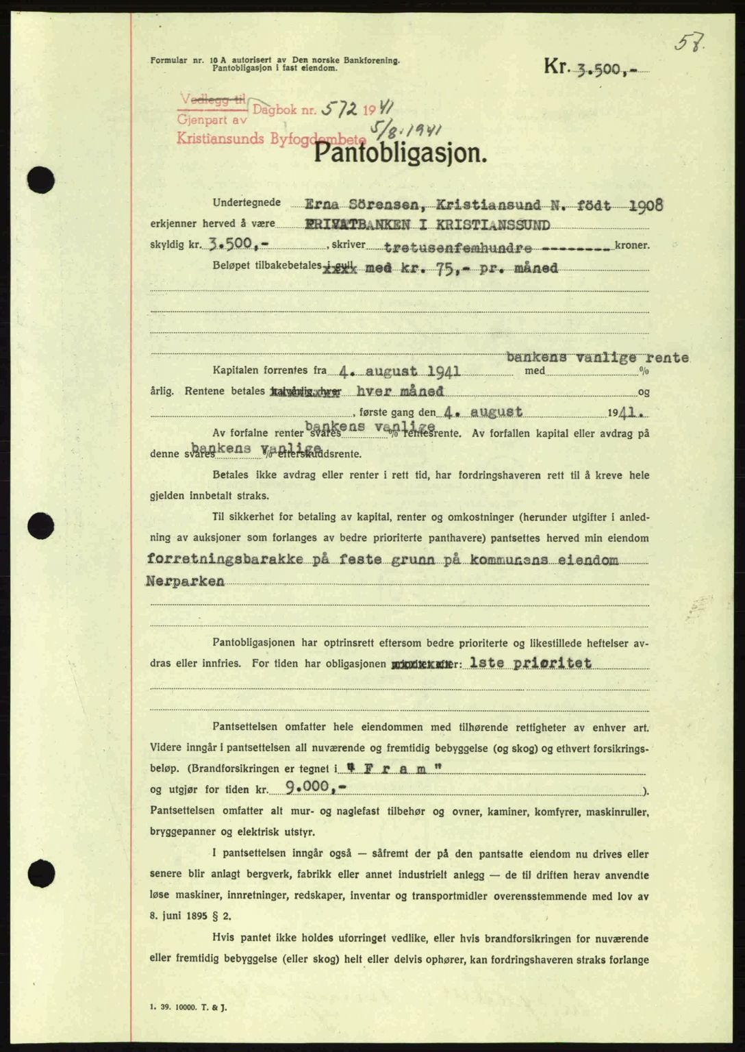 Kristiansund byfogd, AV/SAT-A-4587/A/27: Mortgage book no. 35, 1941-1942, Diary no: : 572/1941