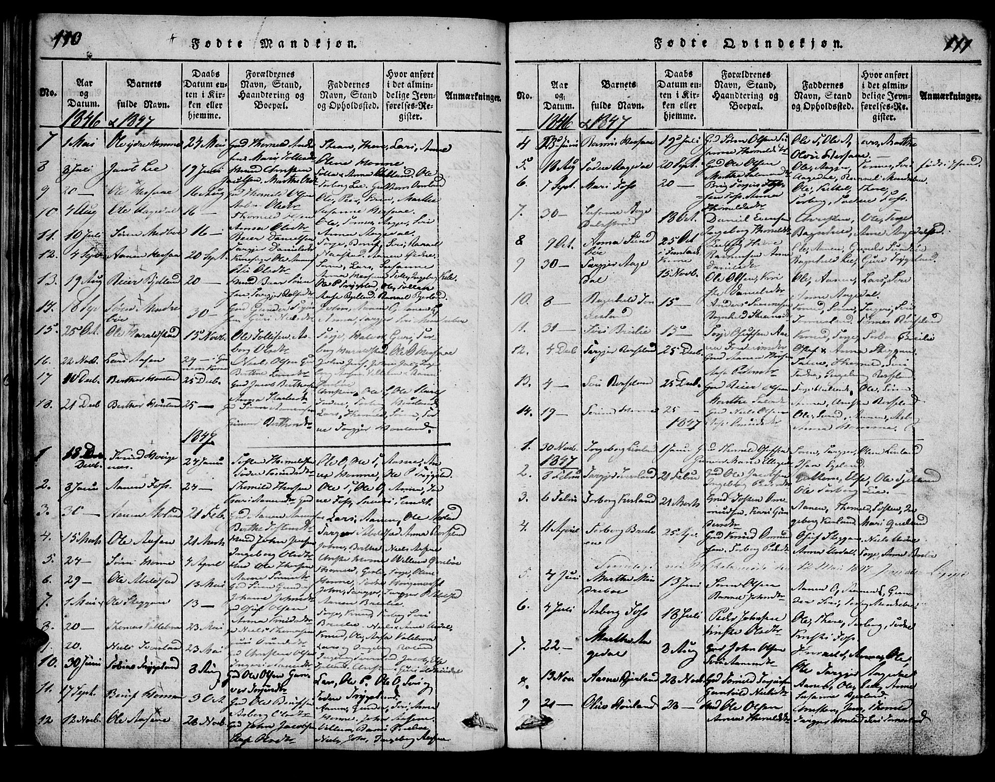 Bjelland sokneprestkontor, SAK/1111-0005/F/Fa/Faa/L0002: Parish register (official) no. A 2, 1816-1866, p. 110-111