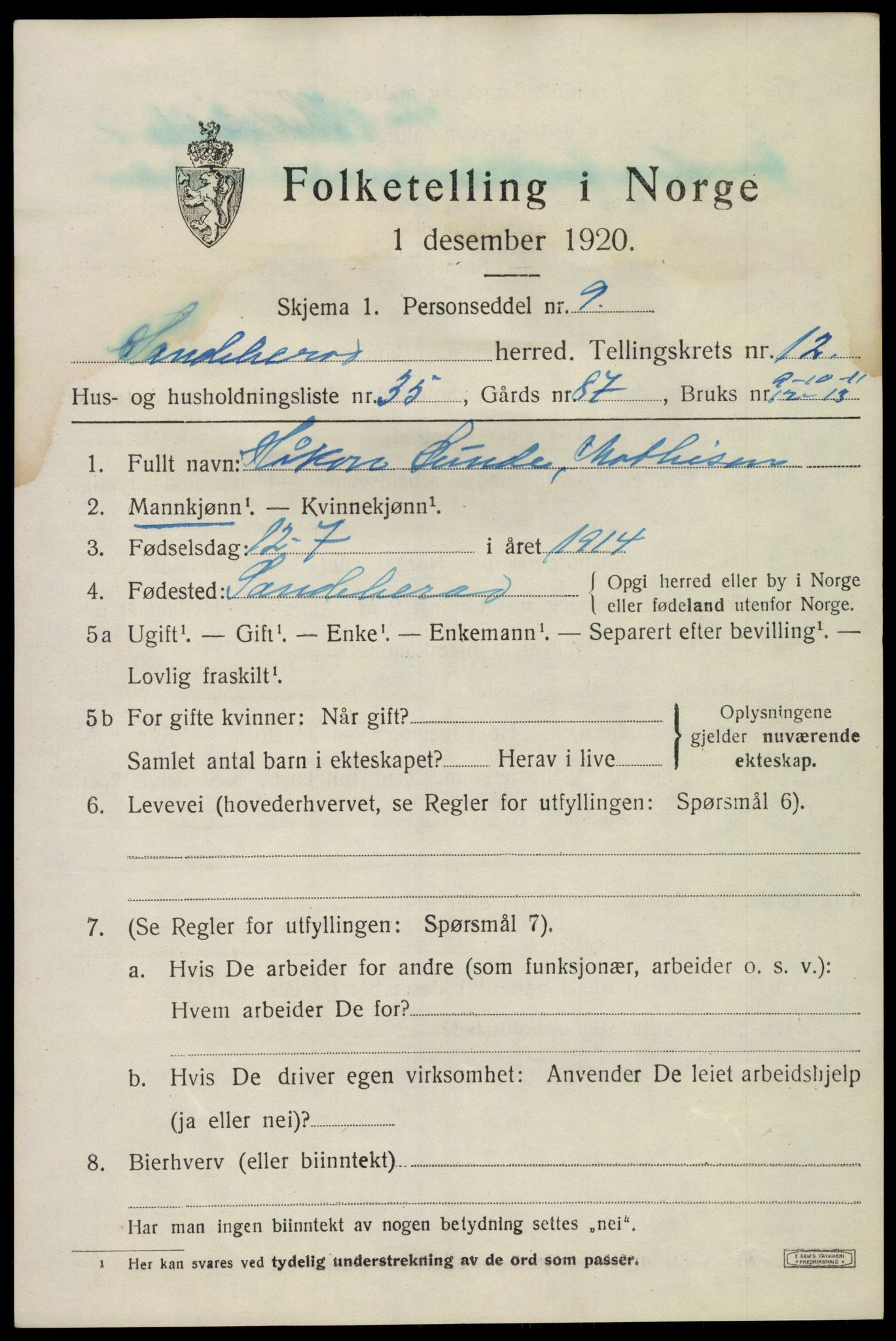 SAKO, 1920 census for Sandeherred, 1920, p. 18576