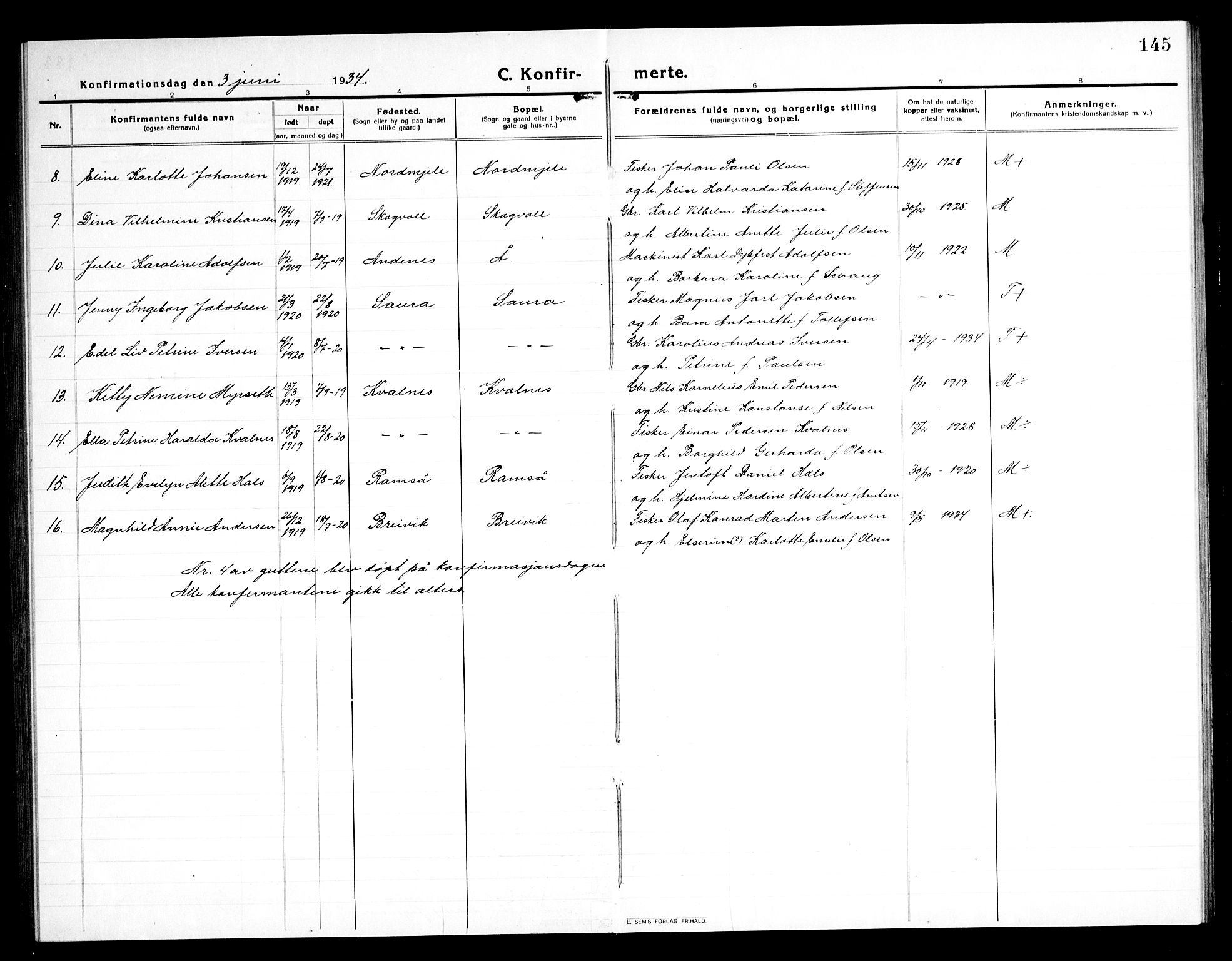 Ministerialprotokoller, klokkerbøker og fødselsregistre - Nordland, AV/SAT-A-1459/897/L1415: Parish register (copy) no. 897C05, 1916-1945, p. 145