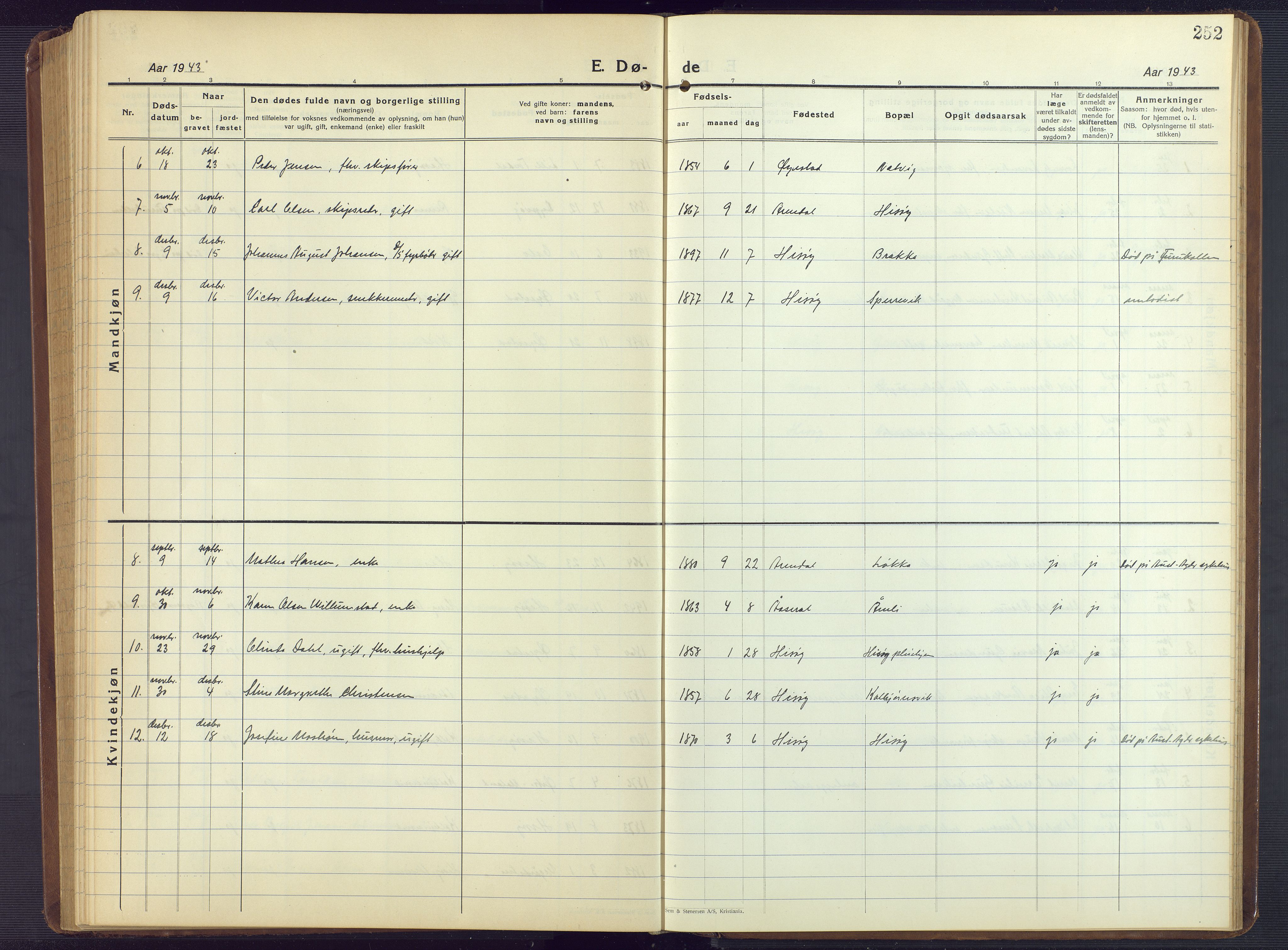 Hisøy sokneprestkontor, AV/SAK-1111-0020/F/Fb/L0005: Parish register (copy) no. B 5, 1924-1946, p. 252