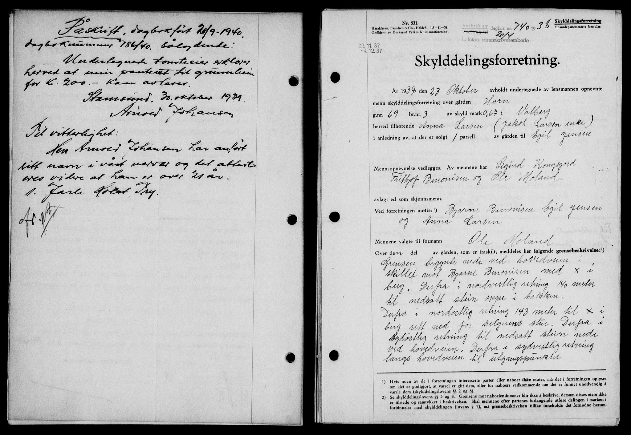 Lofoten sorenskriveri, SAT/A-0017/1/2/2C/L0004a: Mortgage book no. 4a, 1938-1938, Diary no: : 740/1938