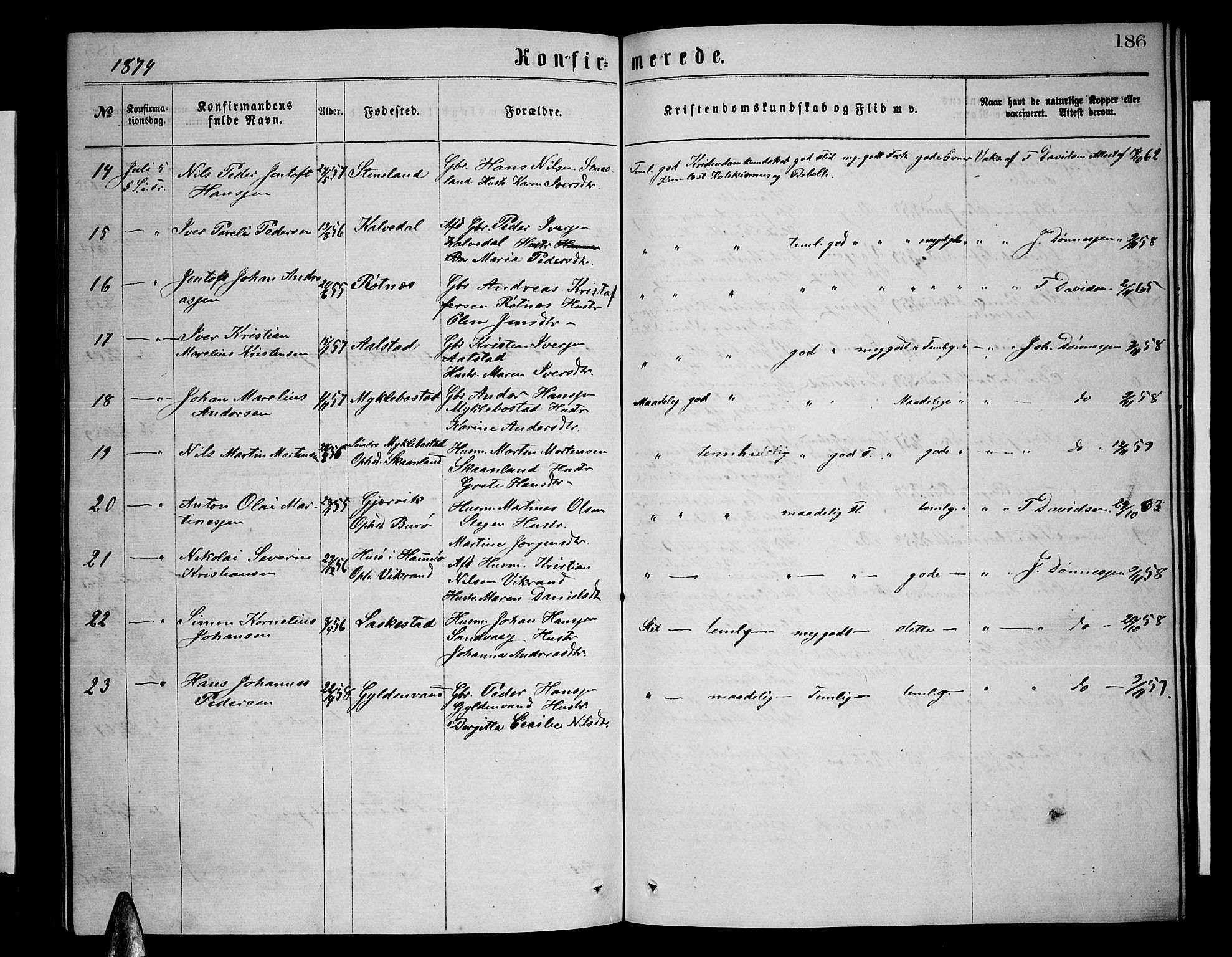 Ministerialprotokoller, klokkerbøker og fødselsregistre - Nordland, AV/SAT-A-1459/855/L0815: Parish register (copy) no. 855C04, 1865-1878, p. 186