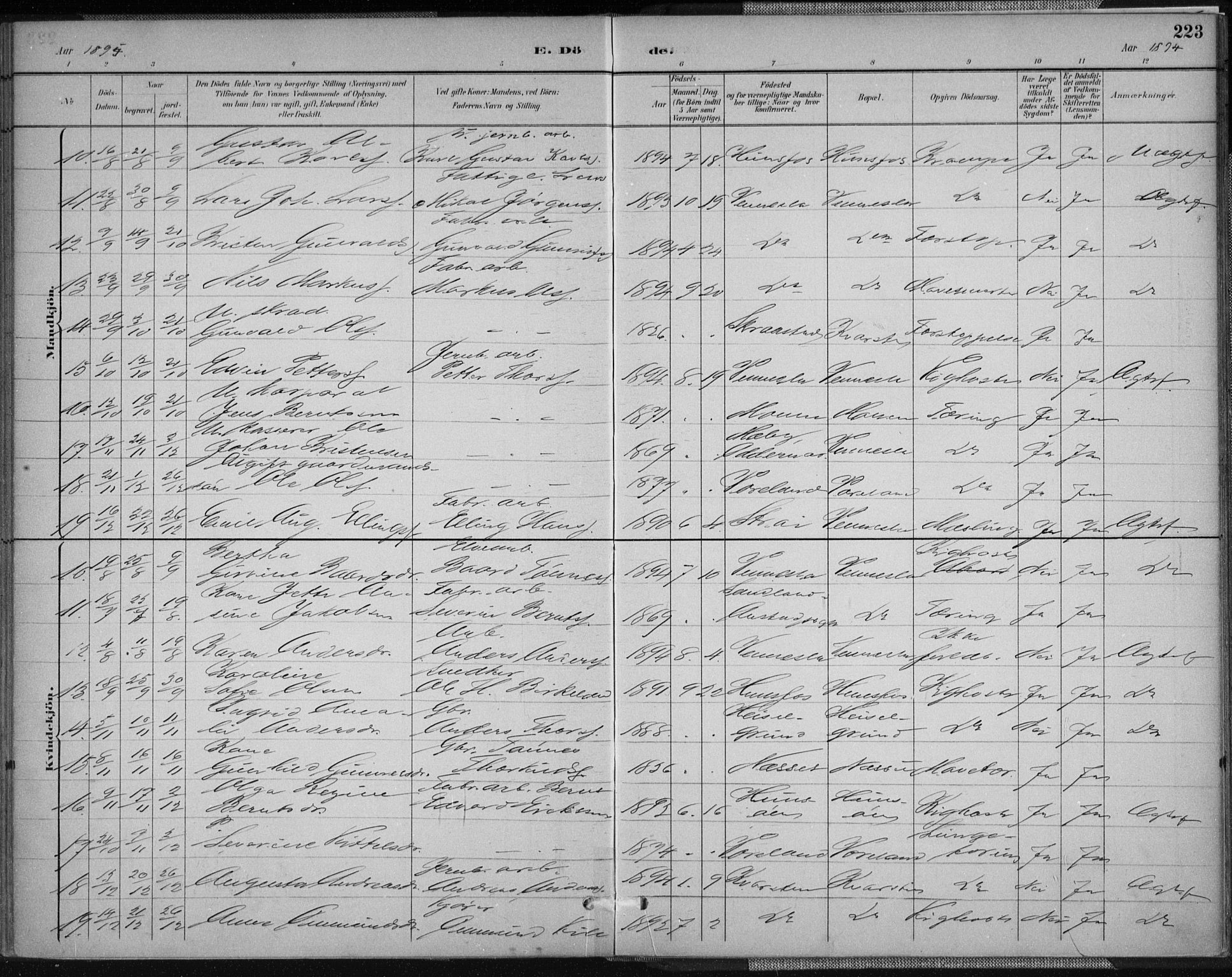 Vennesla sokneprestkontor, AV/SAK-1111-0045/Fa/Fab/L0004: Parish register (official) no. A 4, 1884-1896, p. 223