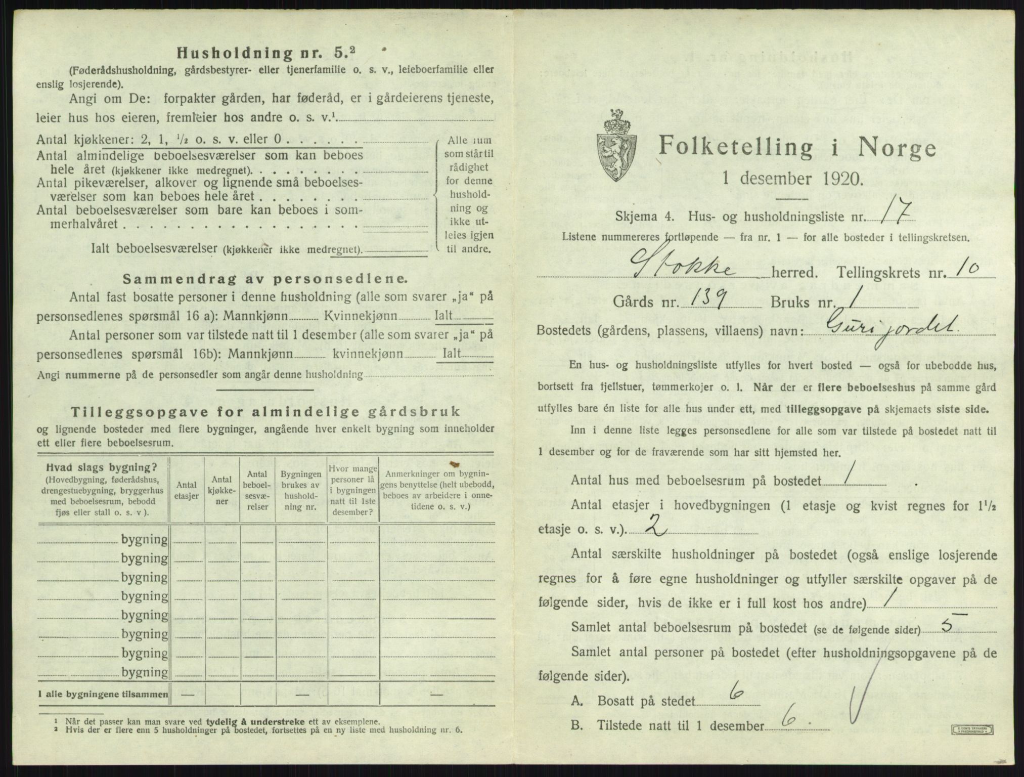 SAKO, 1920 census for Stokke, 1920, p. 1852