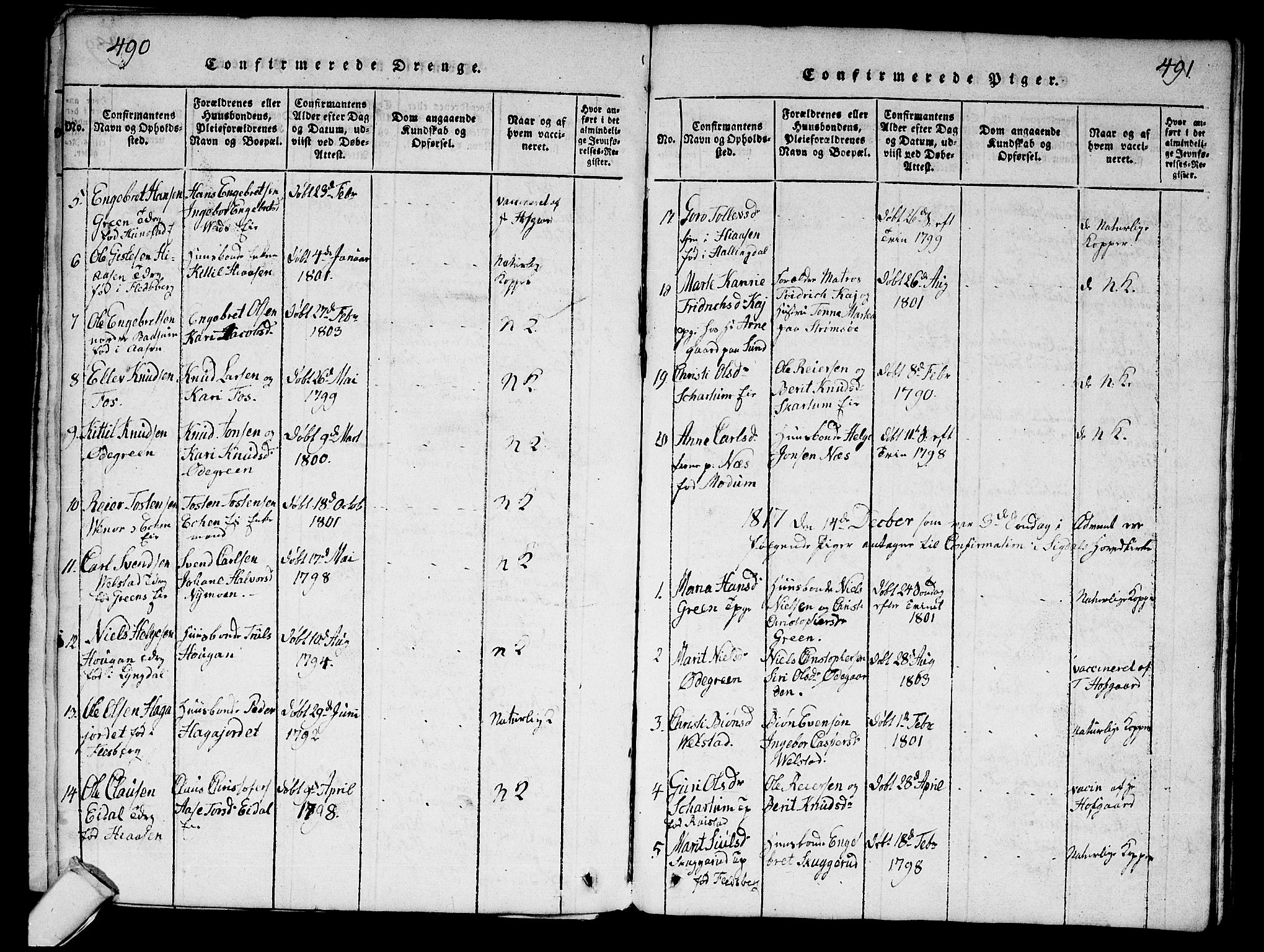 Sigdal kirkebøker, AV/SAKO-A-245/G/Ga/L0001: Parish register (copy) no. I 1 /1, 1816-1835, p. 490-491