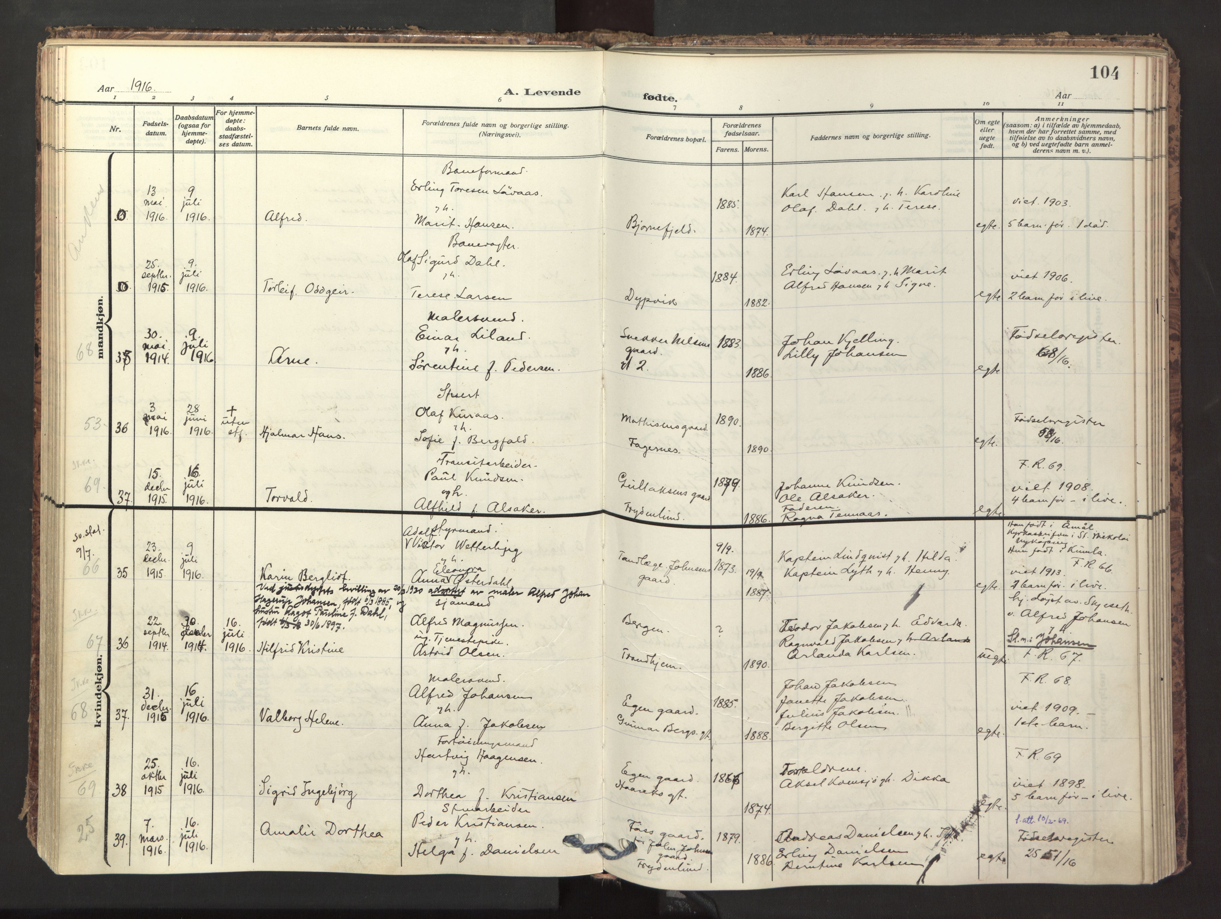 Ministerialprotokoller, klokkerbøker og fødselsregistre - Nordland, AV/SAT-A-1459/871/L1001: Parish register (official) no. 871A17, 1911-1921, p. 104