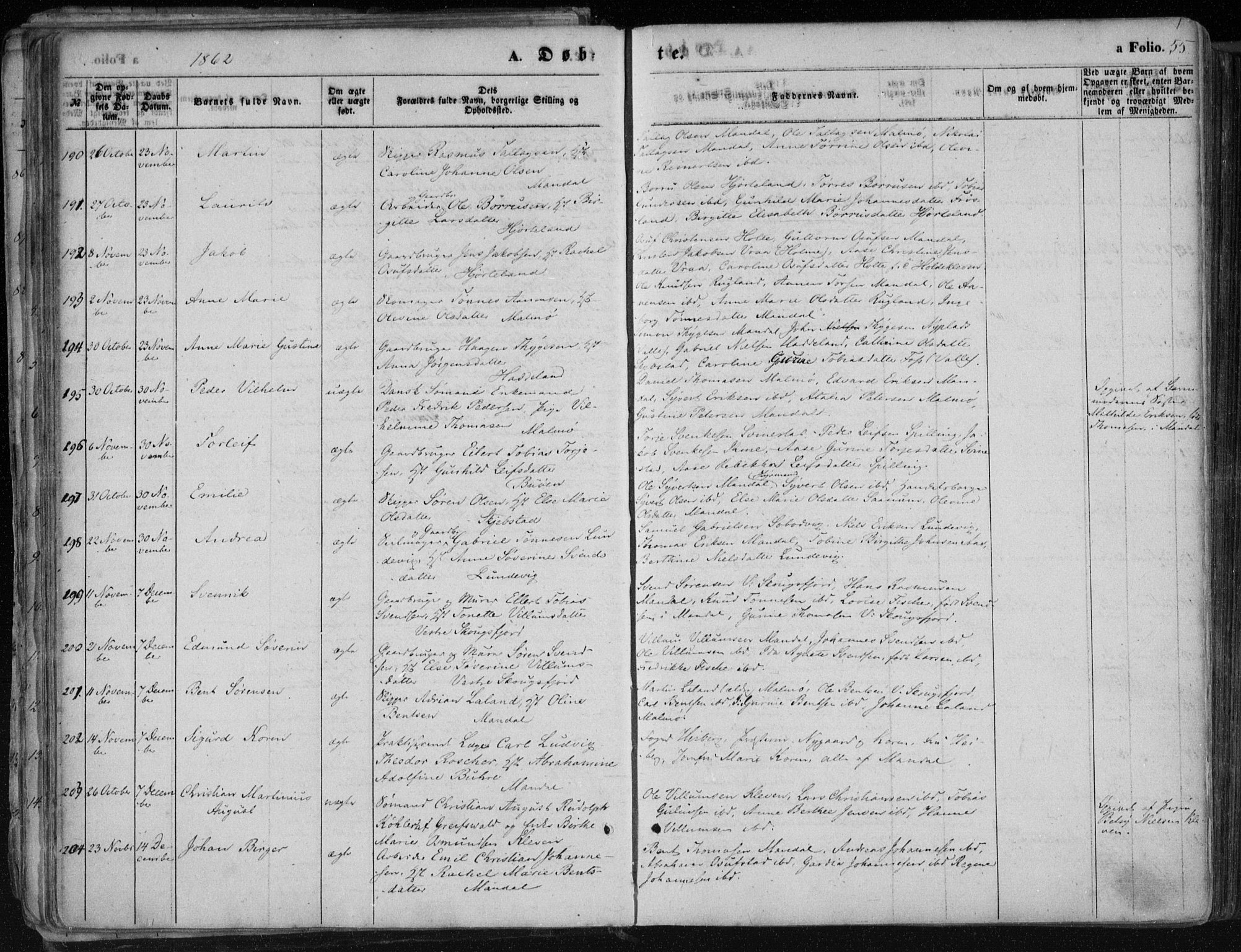 Mandal sokneprestkontor, SAK/1111-0030/F/Fa/Faa/L0014: Parish register (official) no. A 14, 1859-1872, p. 55