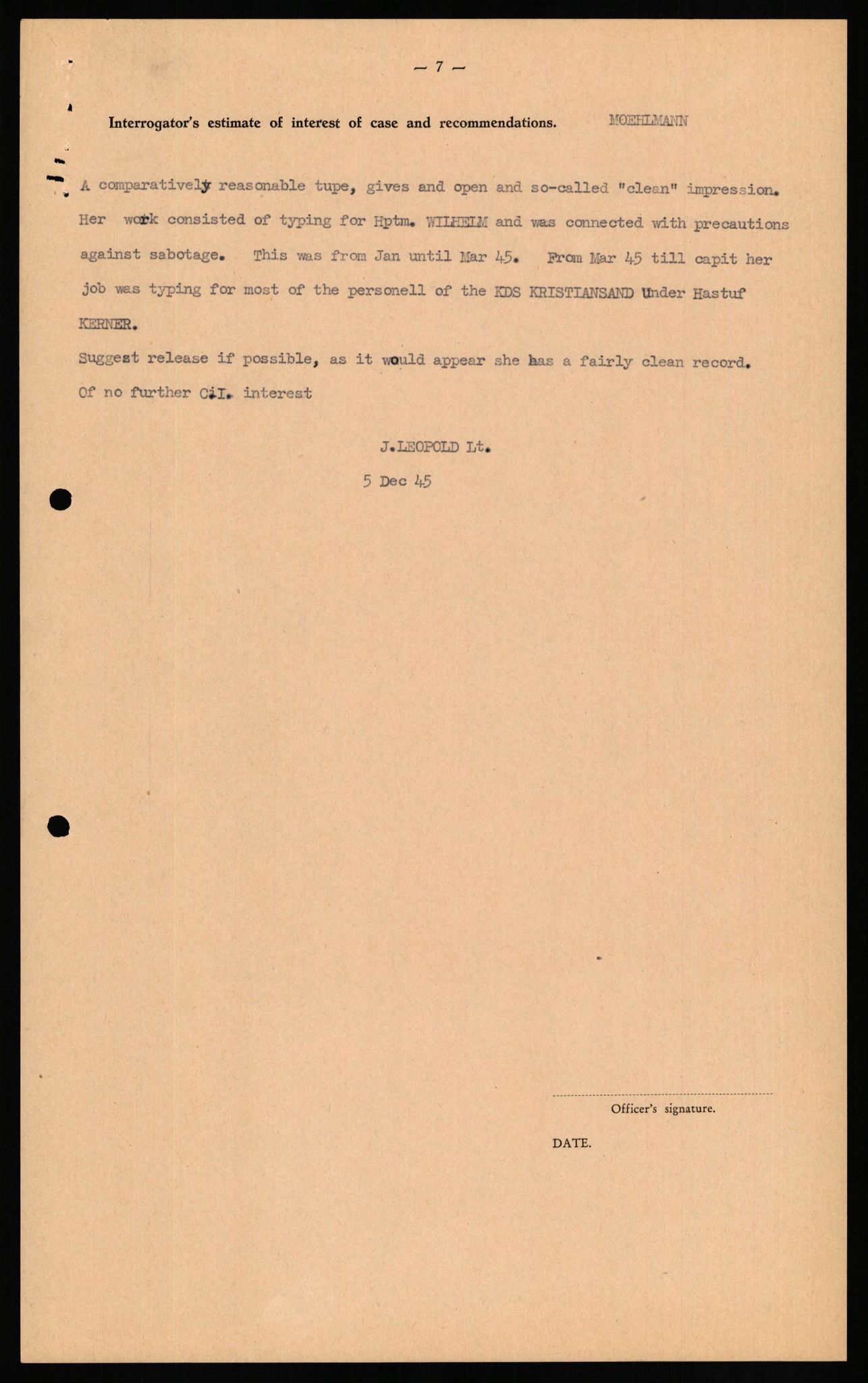 Forsvaret, Forsvarets overkommando II, RA/RAFA-3915/D/Db/L0023: CI Questionaires. Tyske okkupasjonsstyrker i Norge. Tyskere., 1945-1946, p. 346