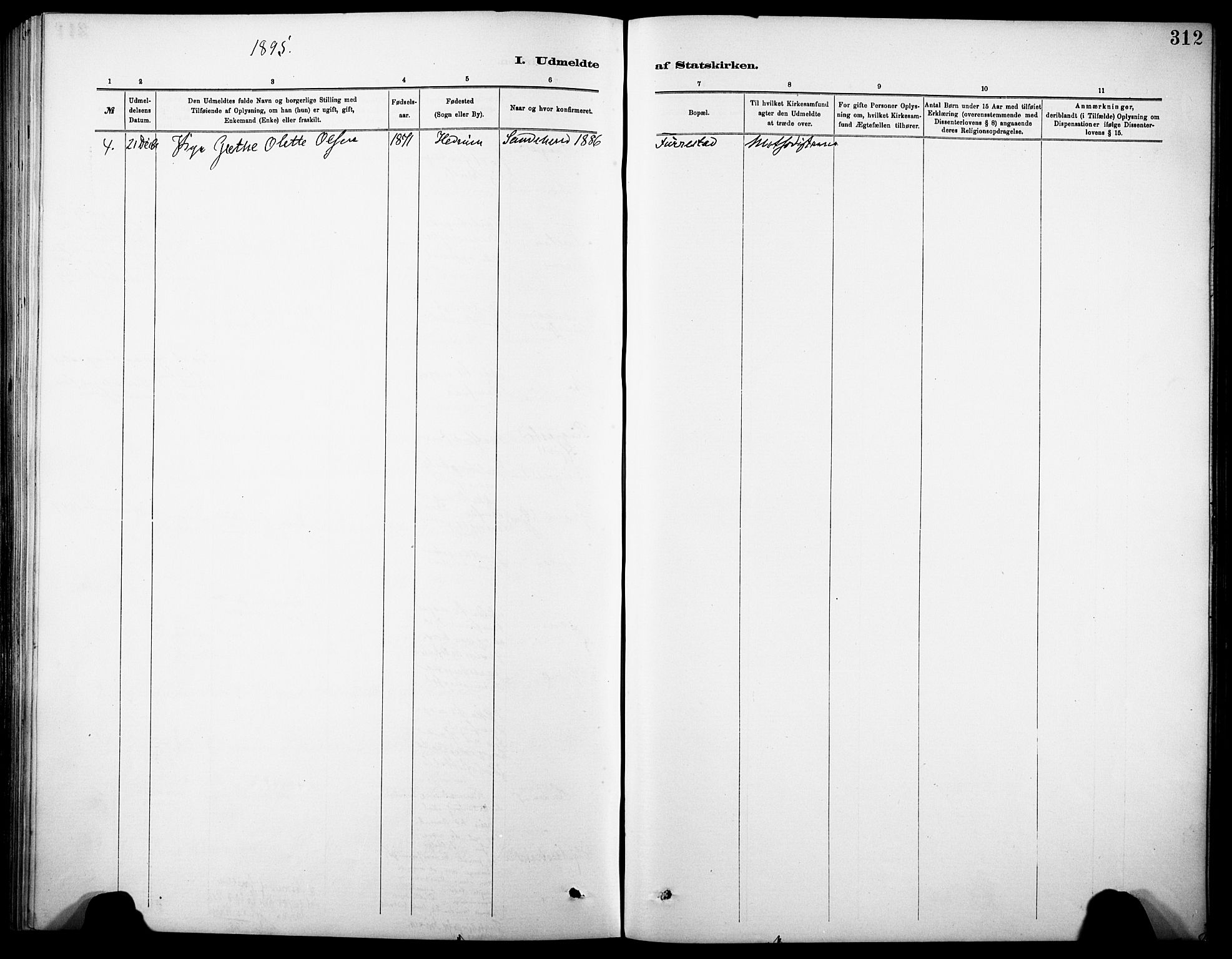 Sandar kirkebøker, SAKO/A-243/F/Fa/L0013: Parish register (official) no. 13, 1883-1895, p. 312