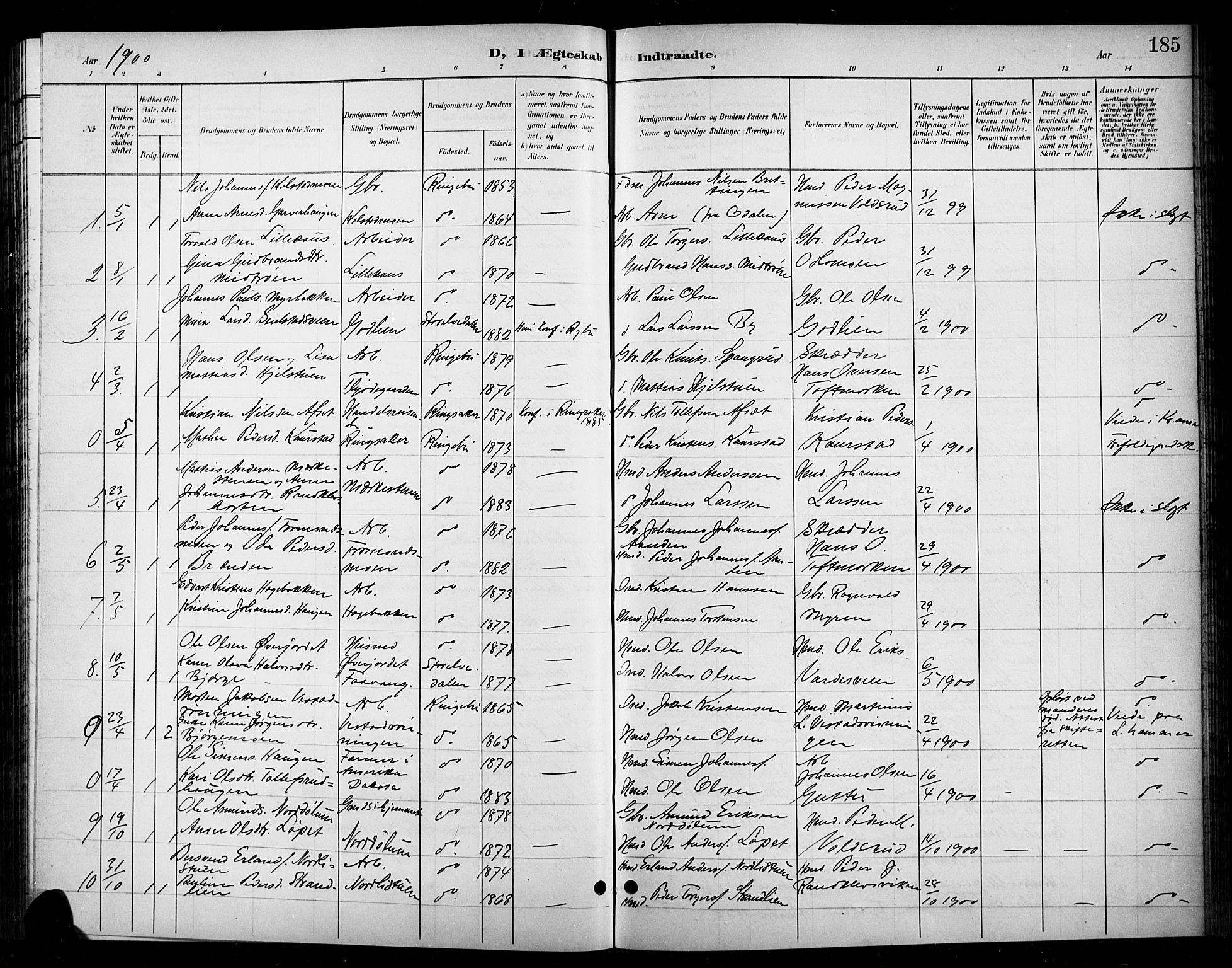 Ringebu prestekontor, SAH/PREST-082/H/Ha/Hab/L0009: Parish register (copy) no. 9, 1899-1921, p. 185