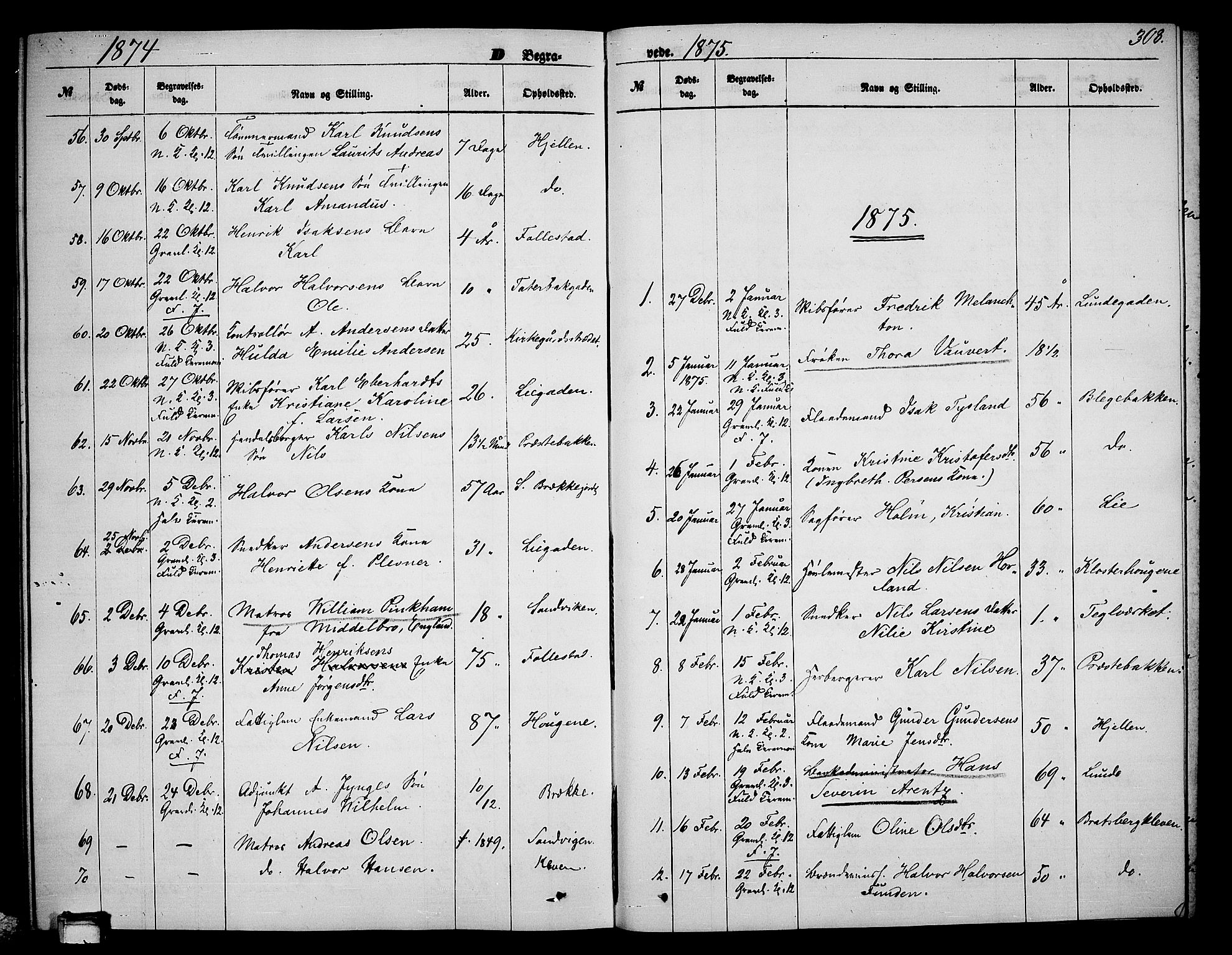 Skien kirkebøker, SAKO/A-302/G/Ga/L0005: Parish register (copy) no. 5, 1868-1880, p. 308