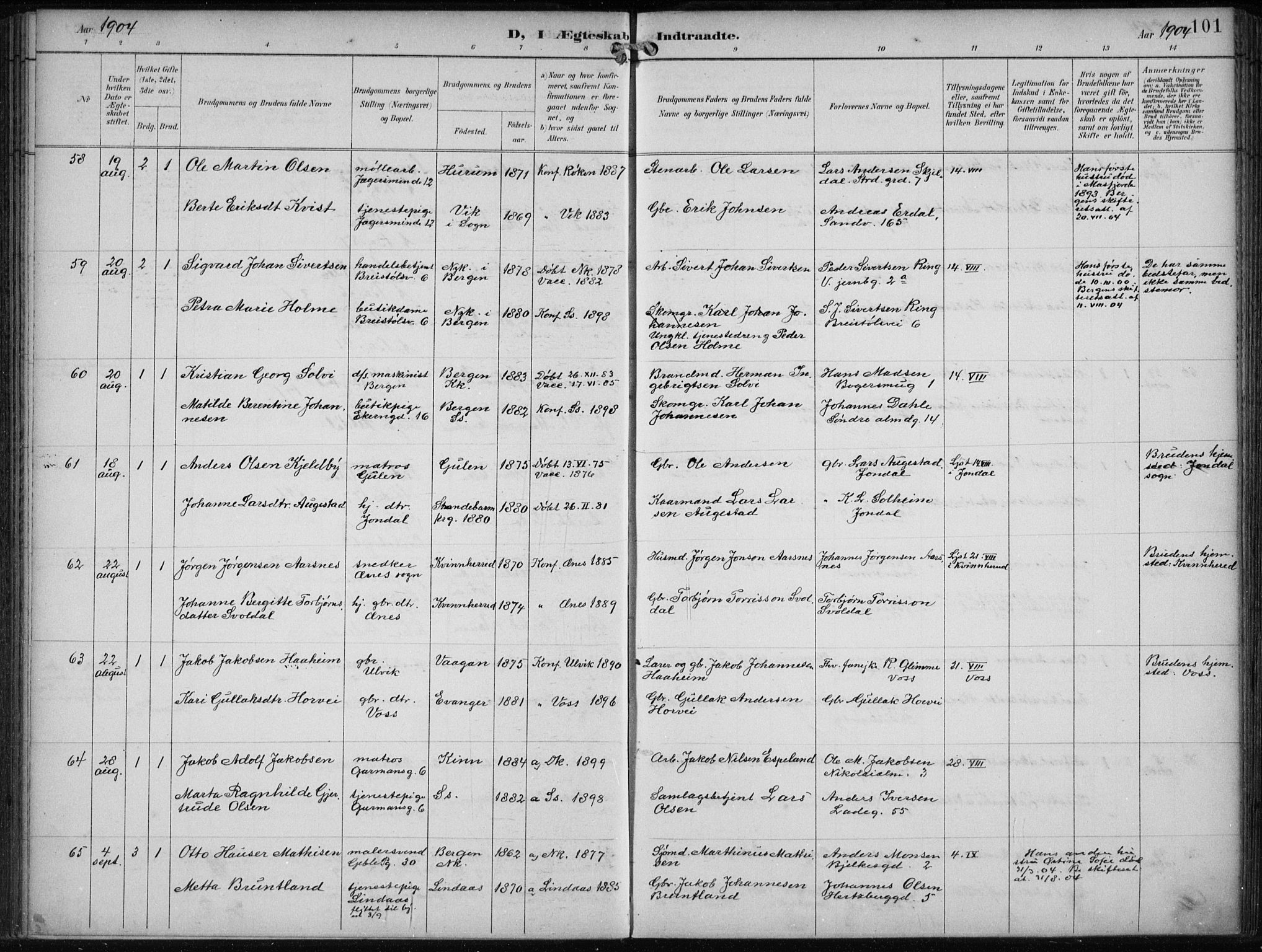 Sandviken Sokneprestembete, AV/SAB-A-77601/H/Ha/L0014: Parish register (official) no. D 1, 1896-1911, p. 101