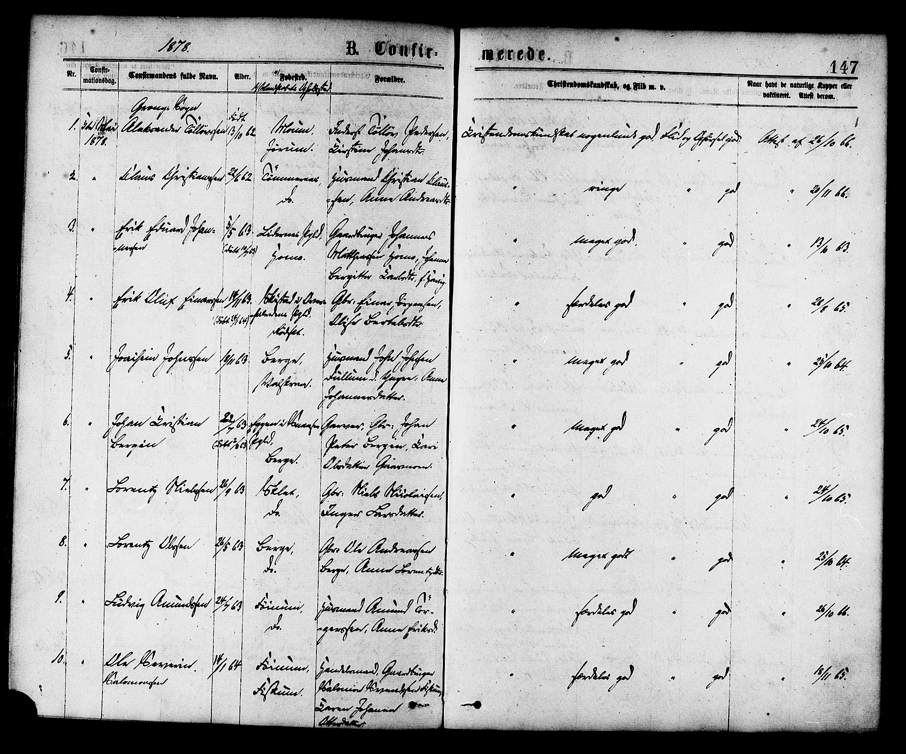 Ministerialprotokoller, klokkerbøker og fødselsregistre - Nord-Trøndelag, SAT/A-1458/758/L0516: Parish register (official) no. 758A03 /1, 1869-1879, p. 147