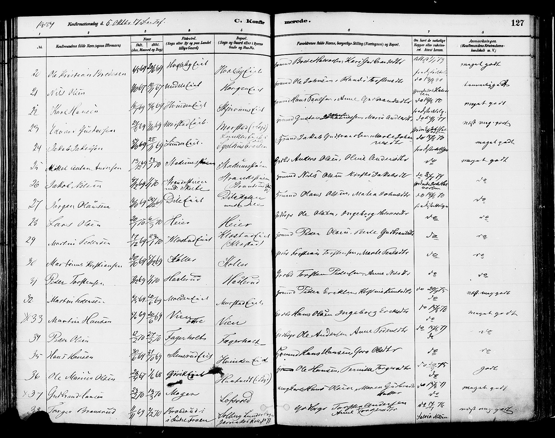 Gran prestekontor, SAH/PREST-112/H/Ha/Haa/L0014: Parish register (official) no. 14, 1880-1889, p. 127