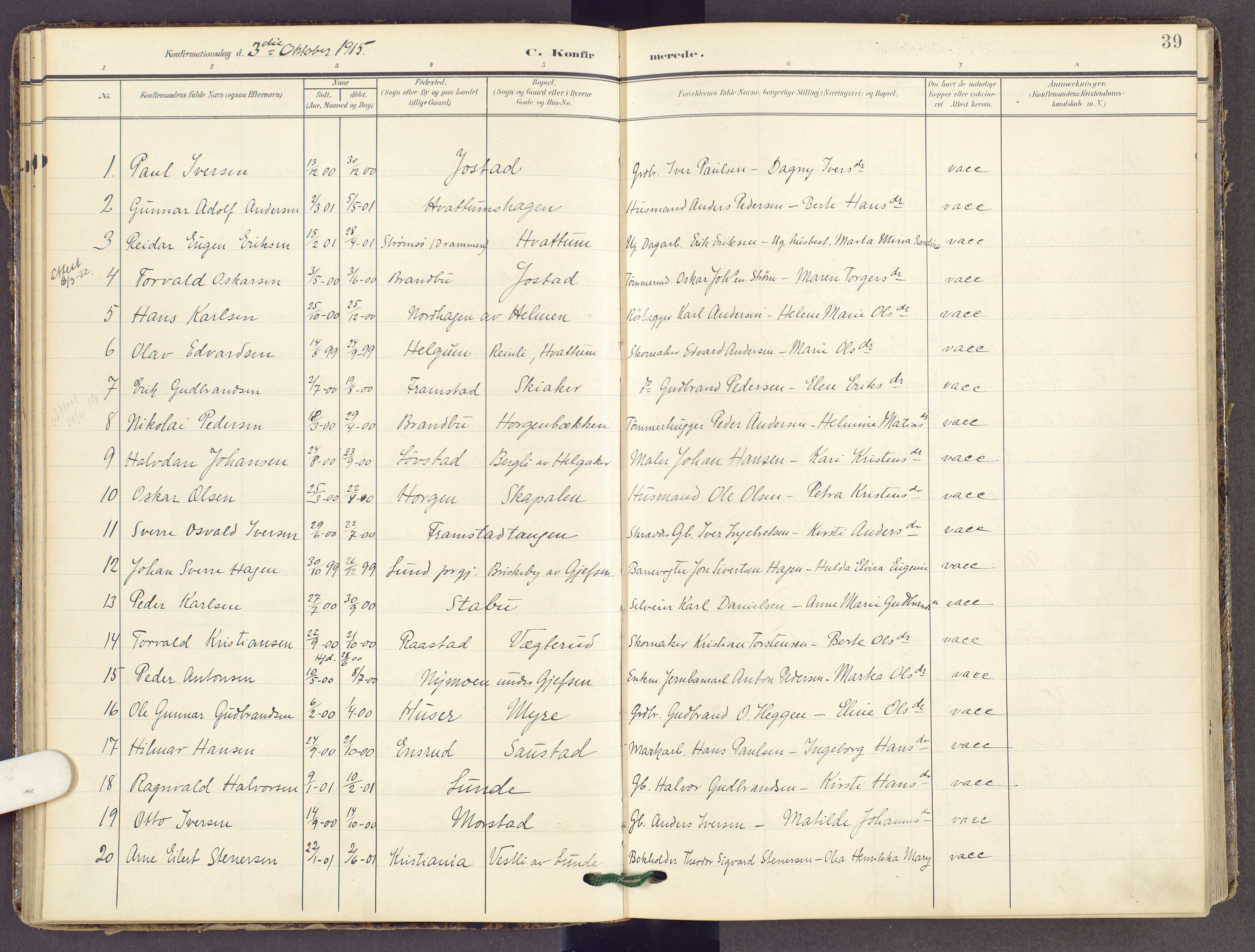 Gran prestekontor, AV/SAH-PREST-112/H/Ha/Haa/L0022: Parish register (official) no. 22, 1908-1918, p. 39