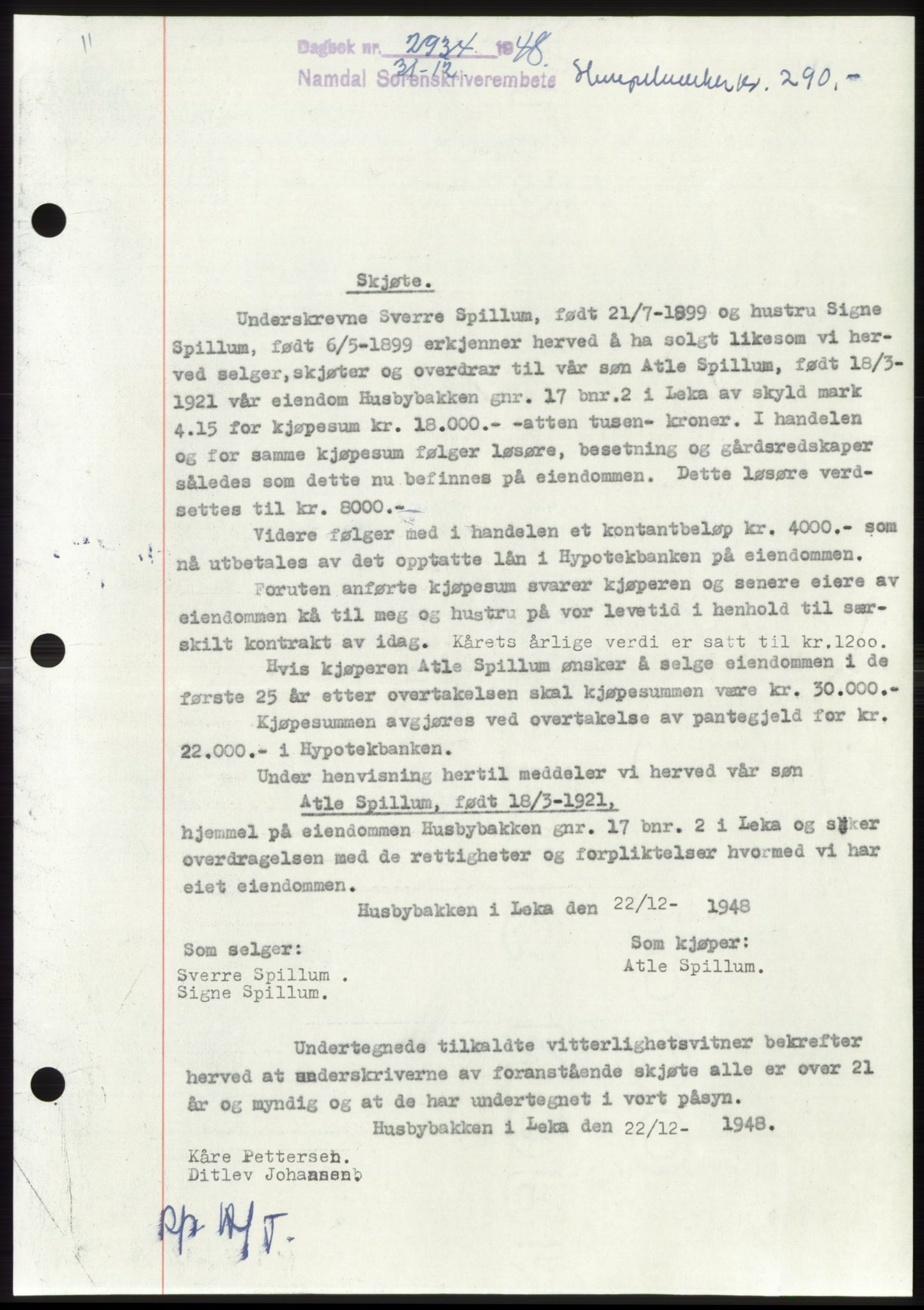 Namdal sorenskriveri, AV/SAT-A-4133/1/2/2C: Mortgage book no. -, 1948-1948, Diary no: : 2934/1948