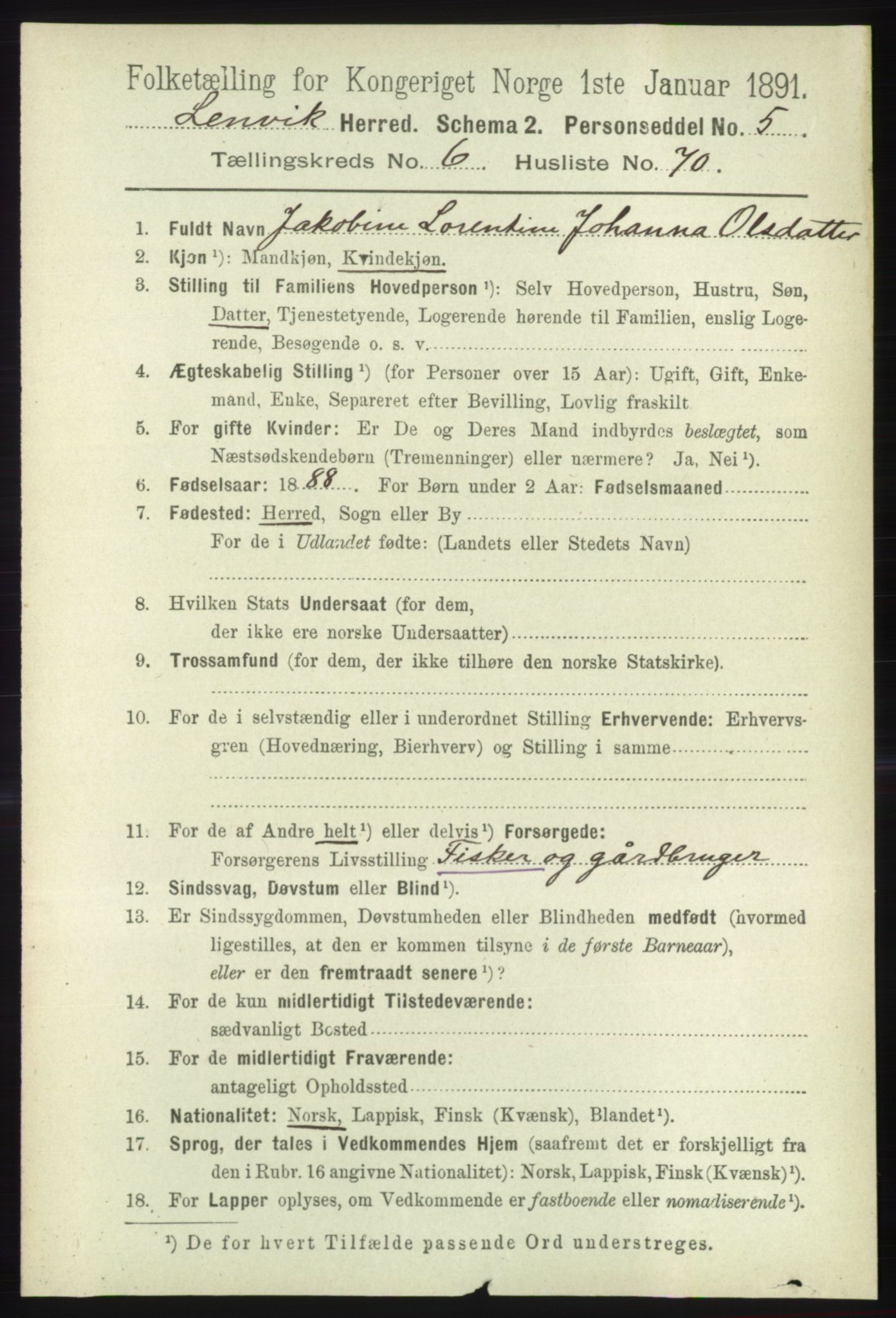 RA, 1891 census for 1931 Lenvik, 1891, p. 3689