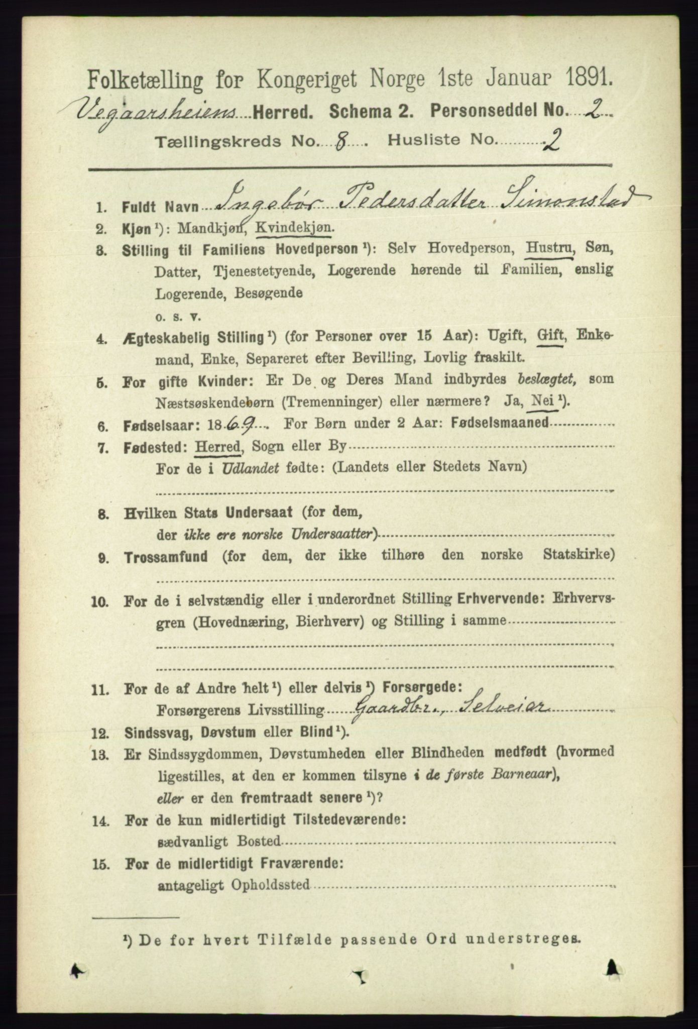 RA, 1891 census for 0912 Vegårshei, 1891, p. 1493