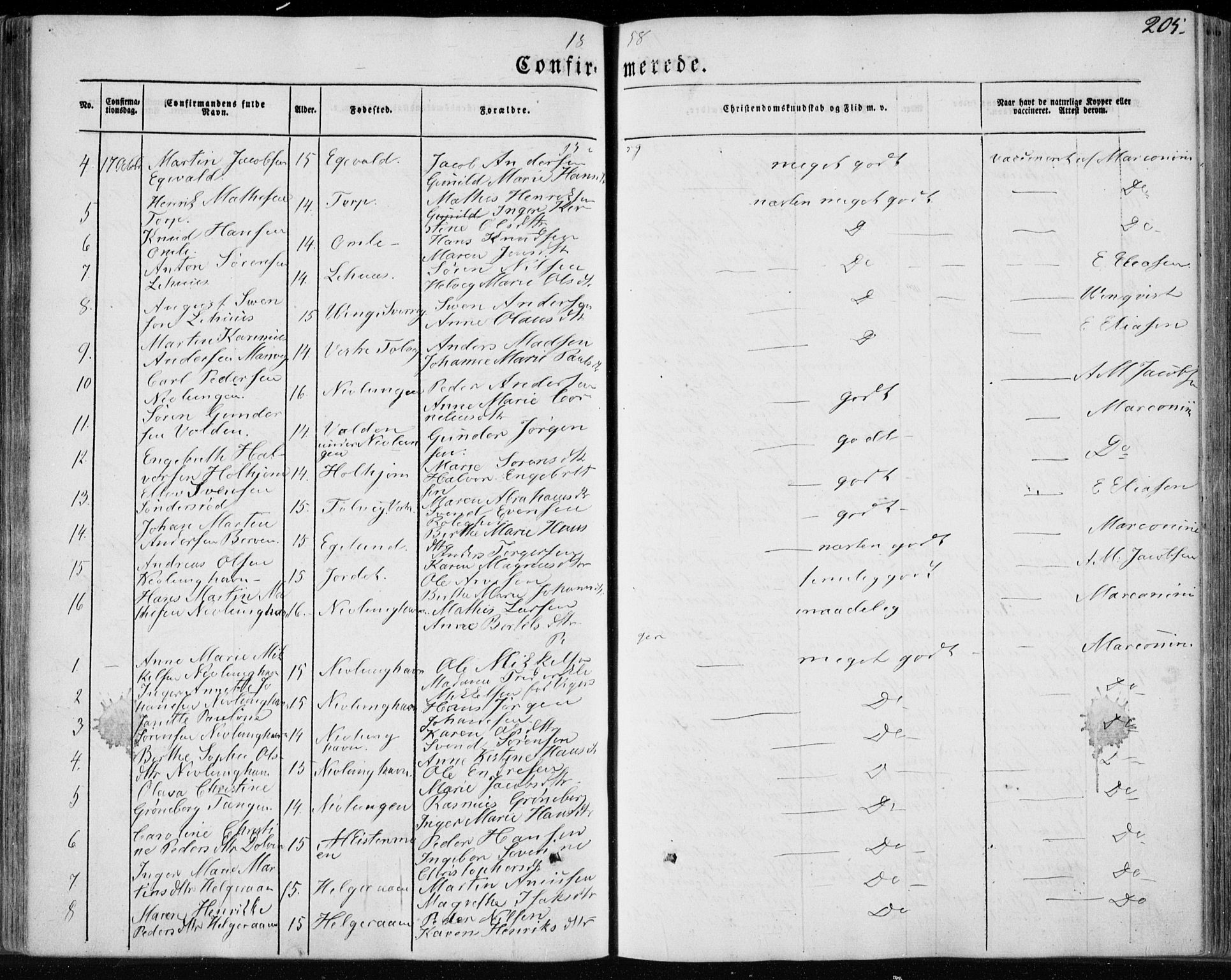 Brunlanes kirkebøker, AV/SAKO-A-342/F/Fa/L0004: Parish register (official) no. I 4, 1846-1862, p. 205