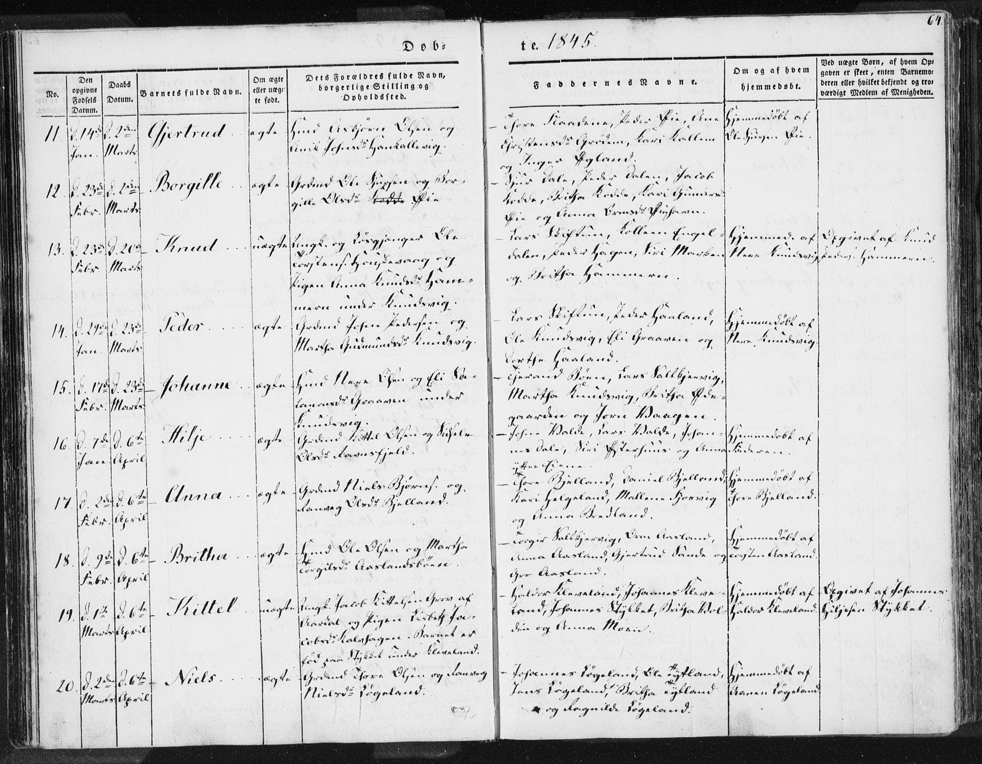 Hjelmeland sokneprestkontor, AV/SAST-A-101843/01/IV/L0006: Parish register (official) no. A 6, 1834-1845, p. 64