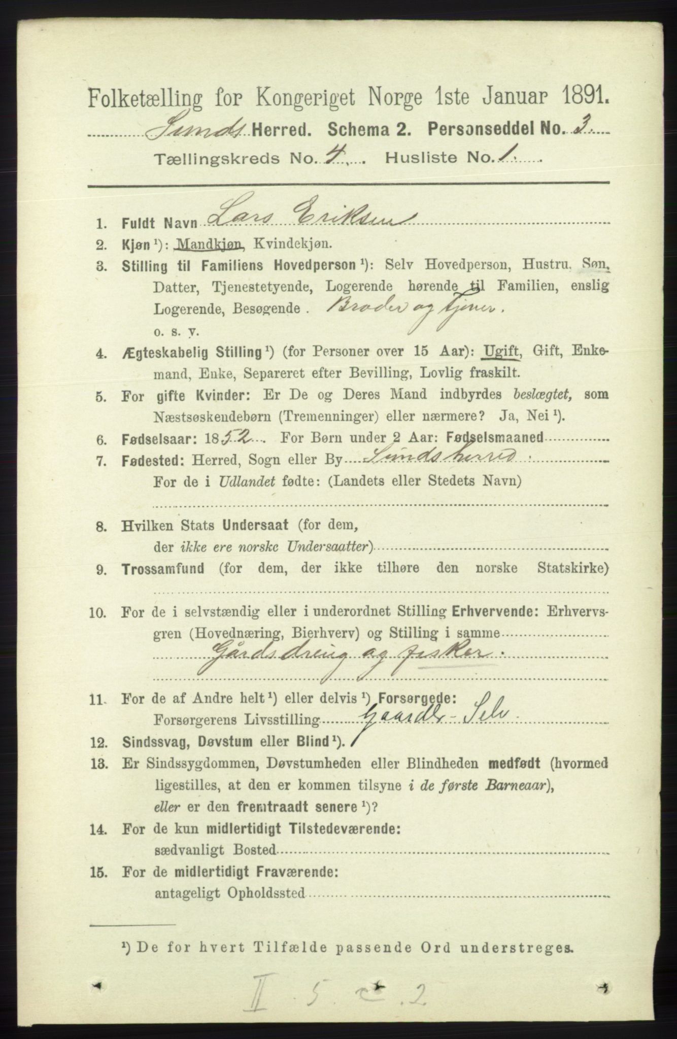 RA, 1891 census for 1245 Sund, 1891, p. 1853