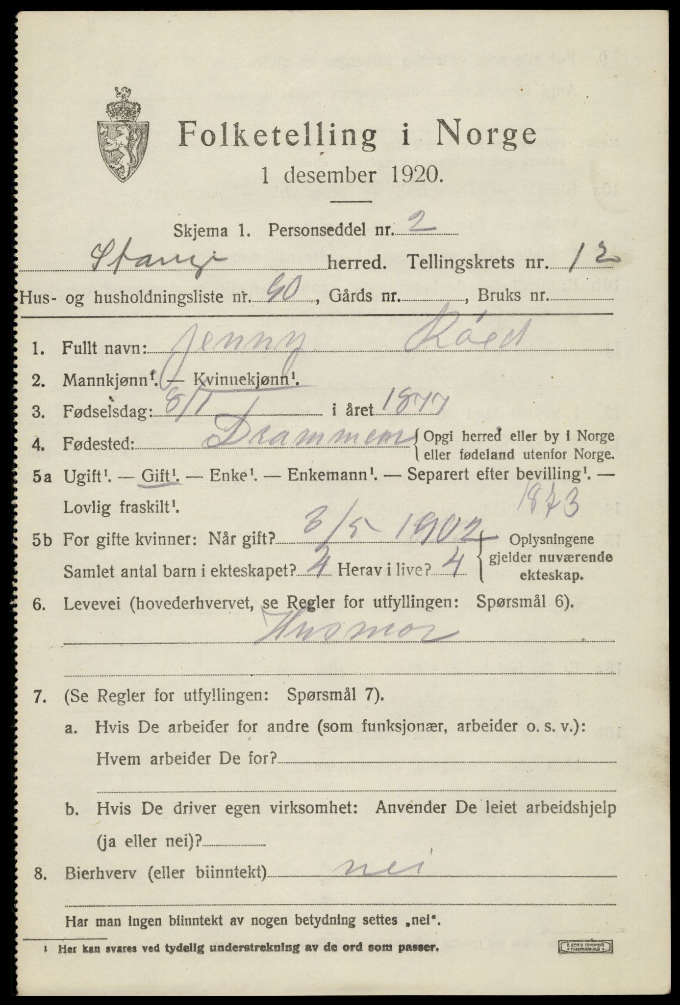 SAH, 1920 census for Stange, 1920, p. 19395