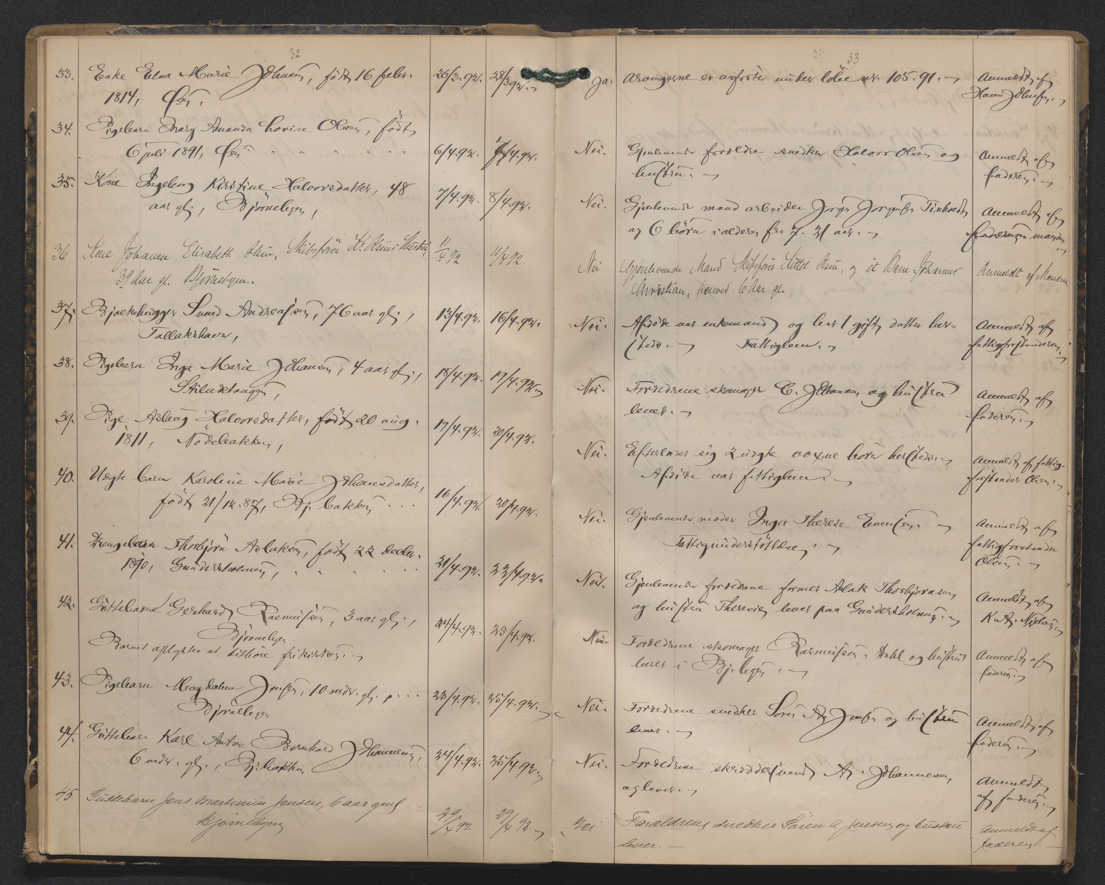 Kragerø sorenskriveri, AV/SAKO-A-65/H/Ha/Haa/L0001: Dødsanmeldelseprotokoll, 1890-1900, p. 32-33