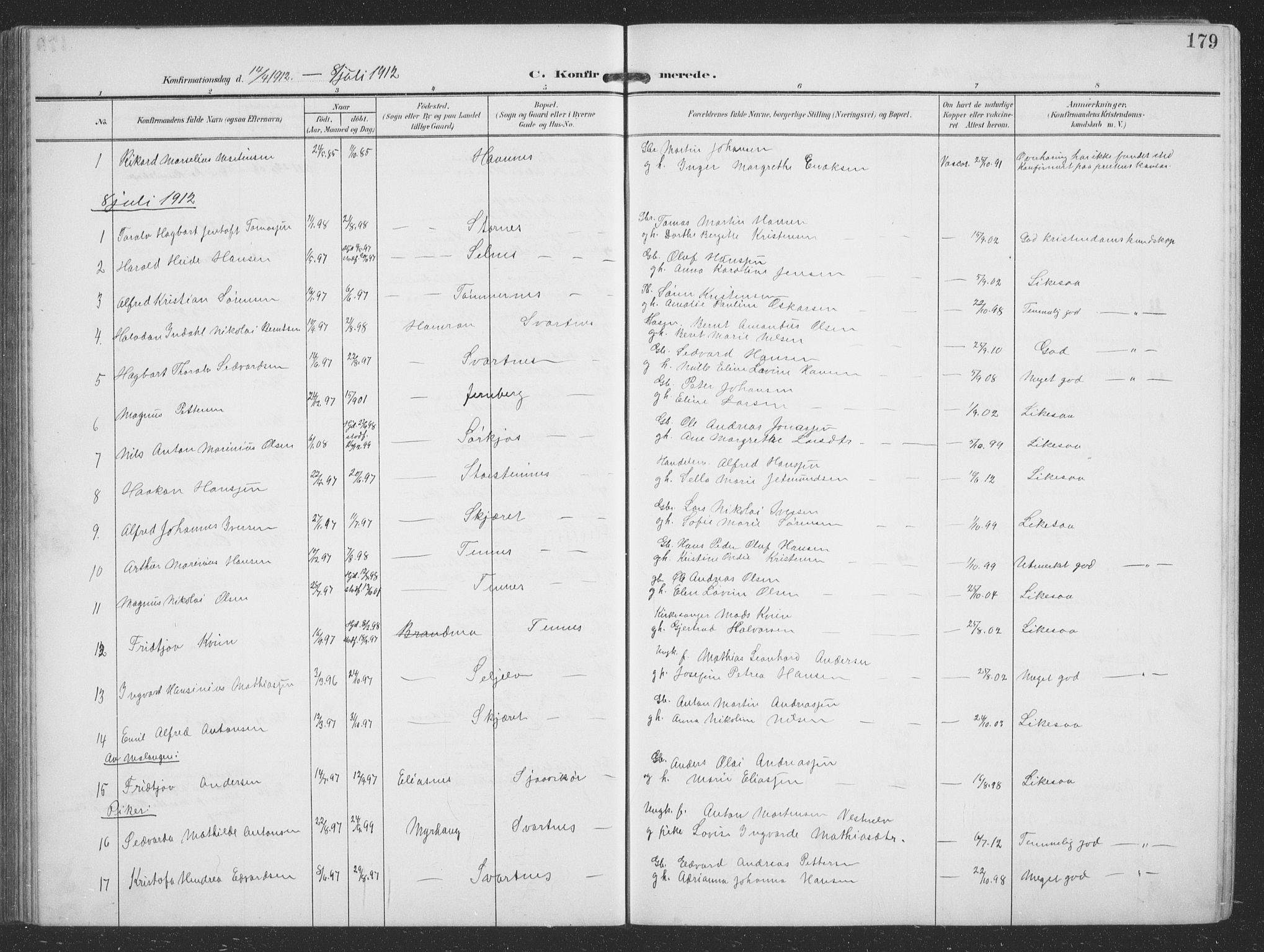Balsfjord sokneprestembete, SATØ/S-1303/G/Ga/L0009klokker: Parish register (copy) no. 9, 1906-1920, p. 179