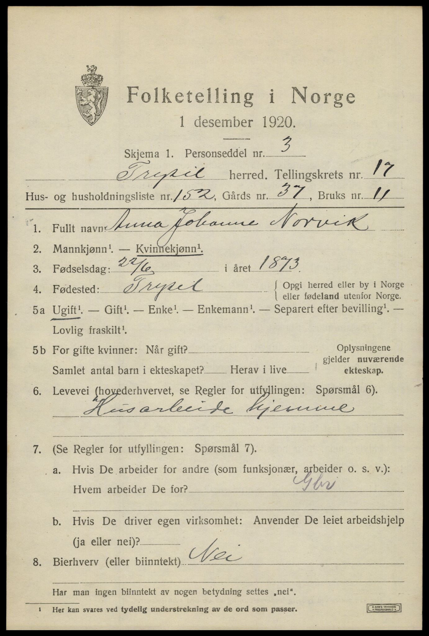 SAH, 1920 census for Trysil, 1920, p. 11893