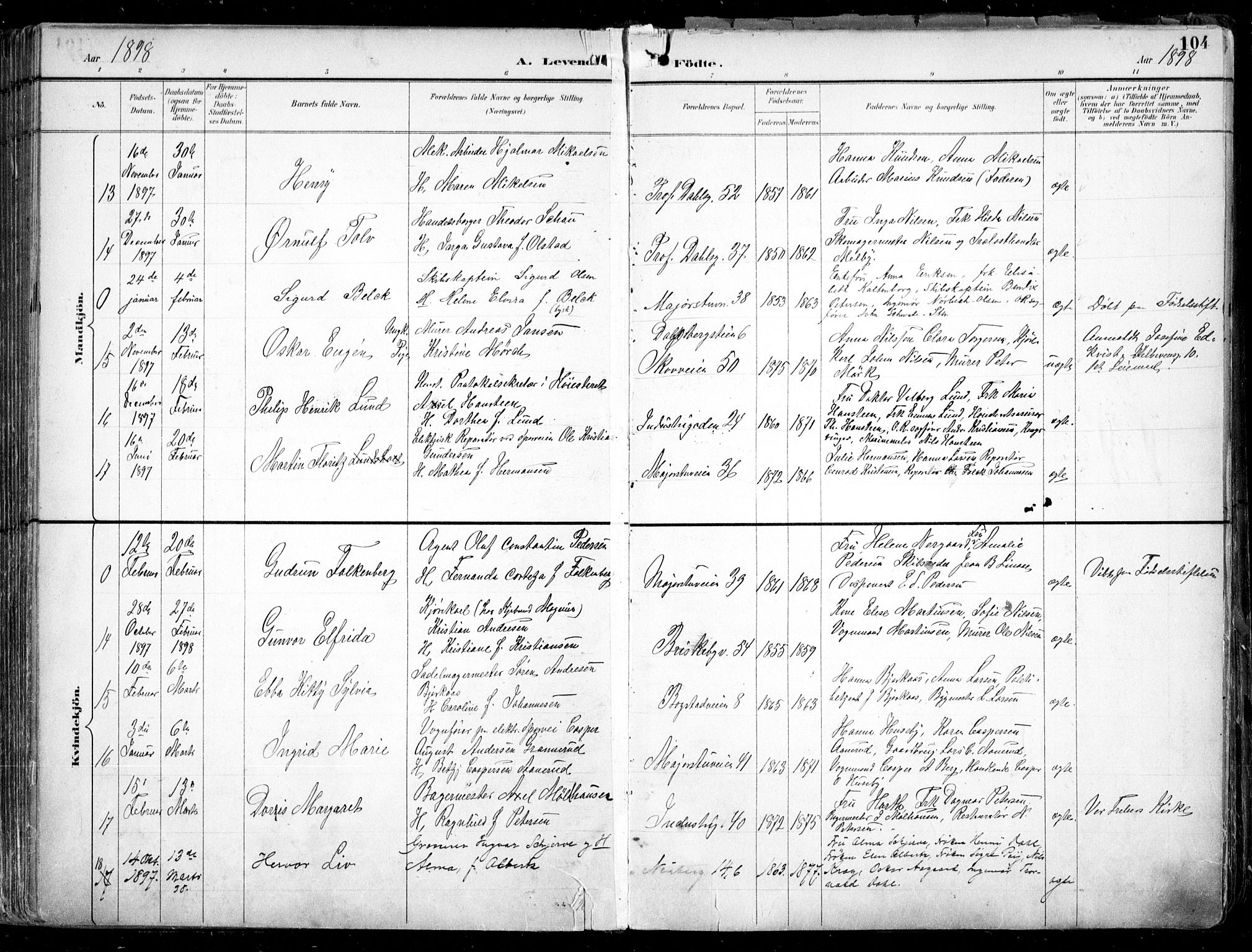 Uranienborg prestekontor Kirkebøker, AV/SAO-A-10877/F/Fa/L0005: Parish register (official) no. 5, 1895-1907, p. 104