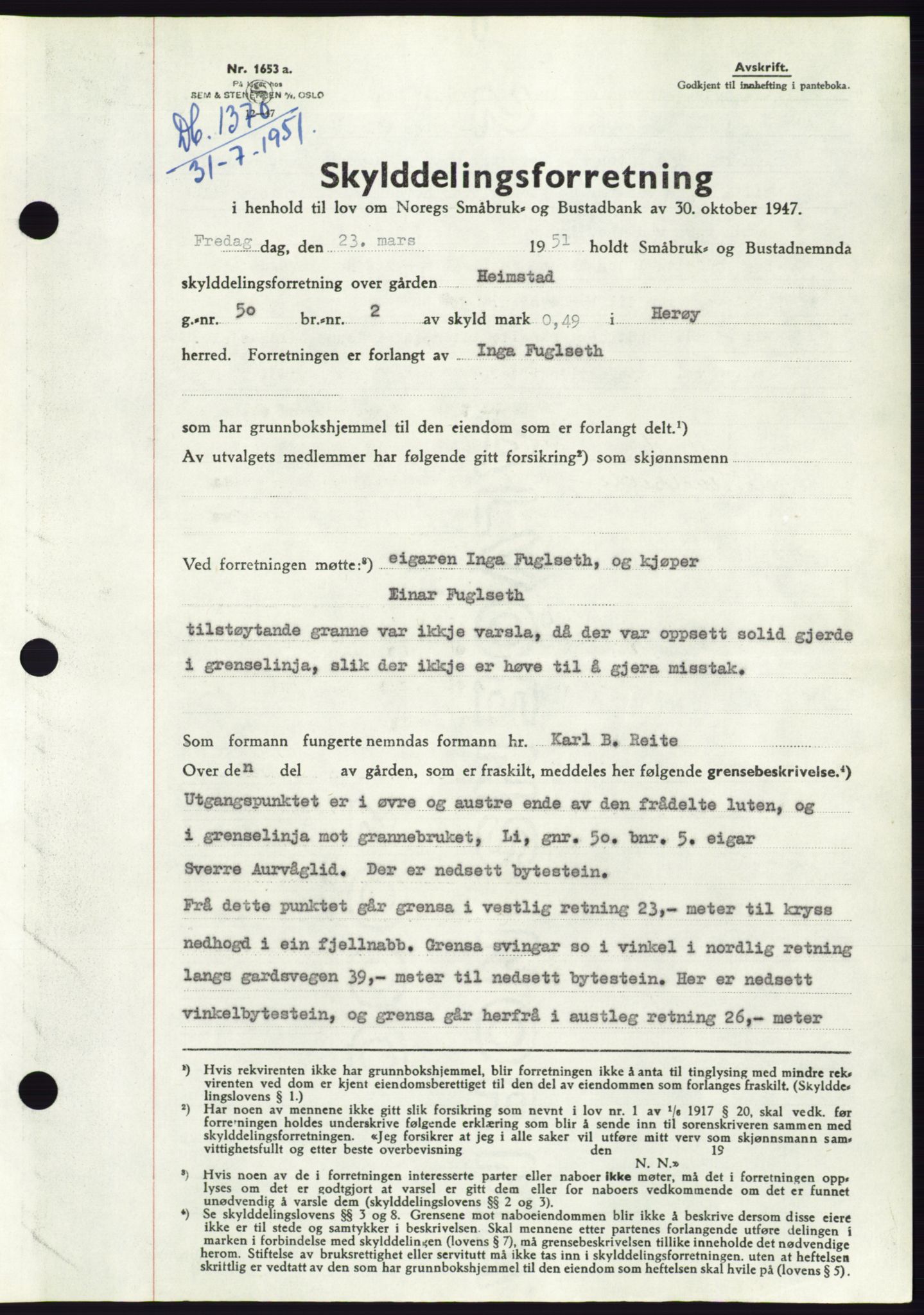 Søre Sunnmøre sorenskriveri, AV/SAT-A-4122/1/2/2C/L0089: Mortgage book no. 15A, 1951-1951, Diary no: : 1370/1951