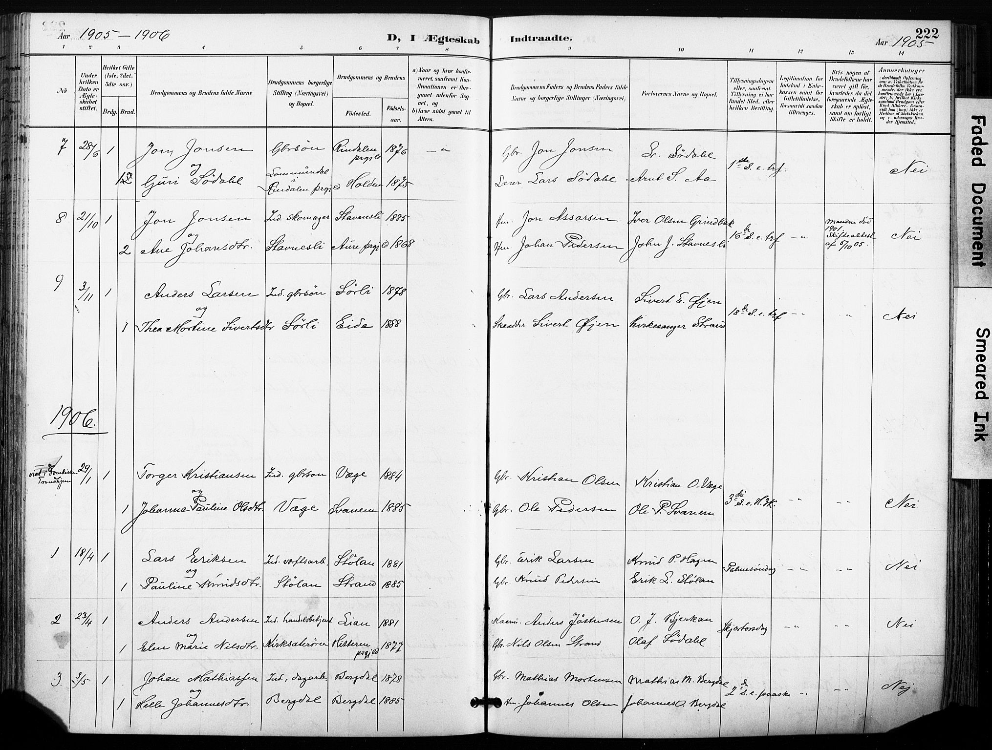 Ministerialprotokoller, klokkerbøker og fødselsregistre - Sør-Trøndelag, AV/SAT-A-1456/630/L0497: Parish register (official) no. 630A10, 1896-1910, p. 222