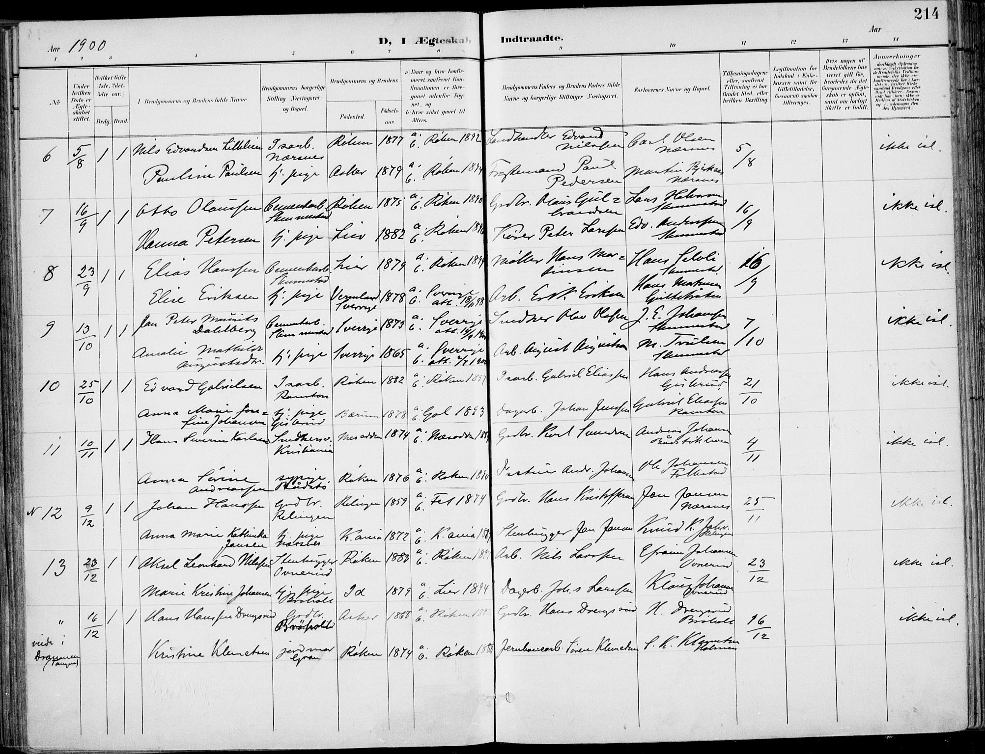 Røyken kirkebøker, AV/SAKO-A-241/F/Fa/L0009: Parish register (official) no. 9, 1898-1911, p. 214