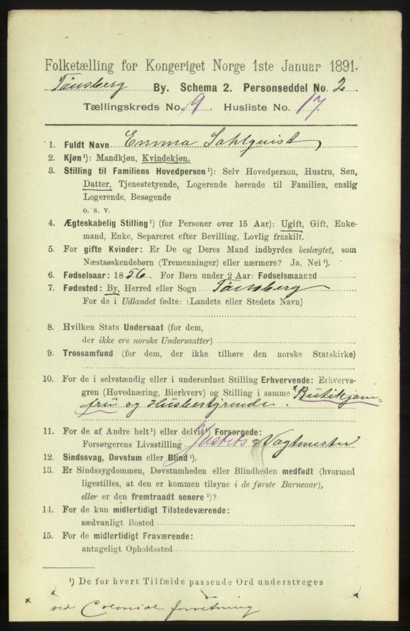 RA, 1891 census for 0705 Tønsberg, 1891, p. 3597