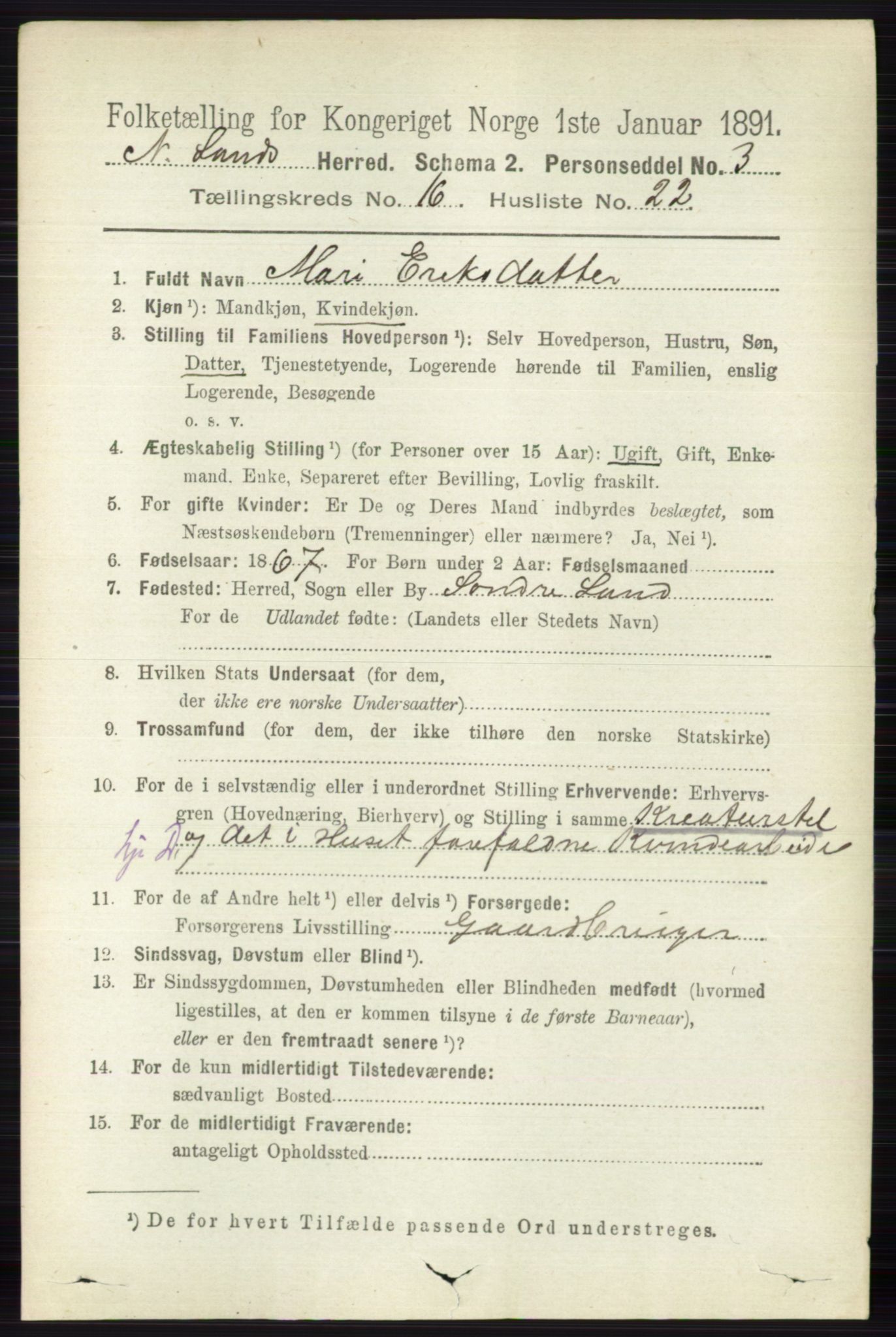 RA, 1891 census for 0538 Nordre Land, 1891, p. 4262