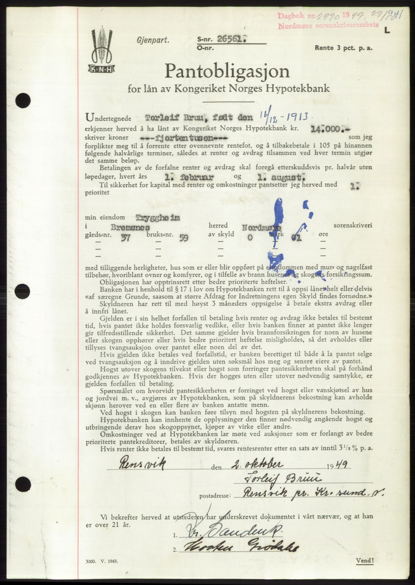 Nordmøre sorenskriveri, AV/SAT-A-4132/1/2/2Ca: Mortgage book no. B102, 1949-1949, Diary no: : 2990/1949