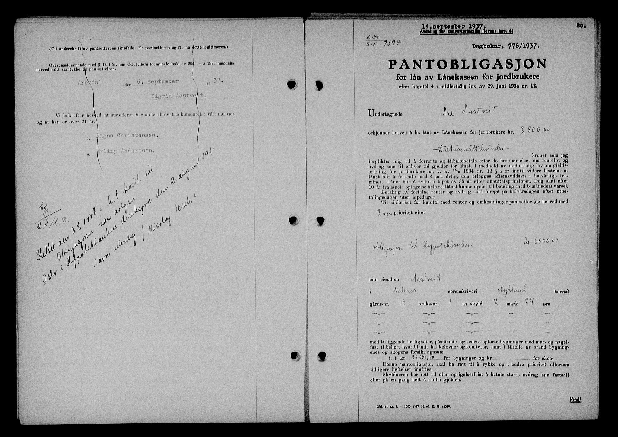 Nedenes sorenskriveri, SAK/1221-0006/G/Gb/Gba/L0044: Mortgage book no. 40, 1937-1938, Diary no: : 776/1937