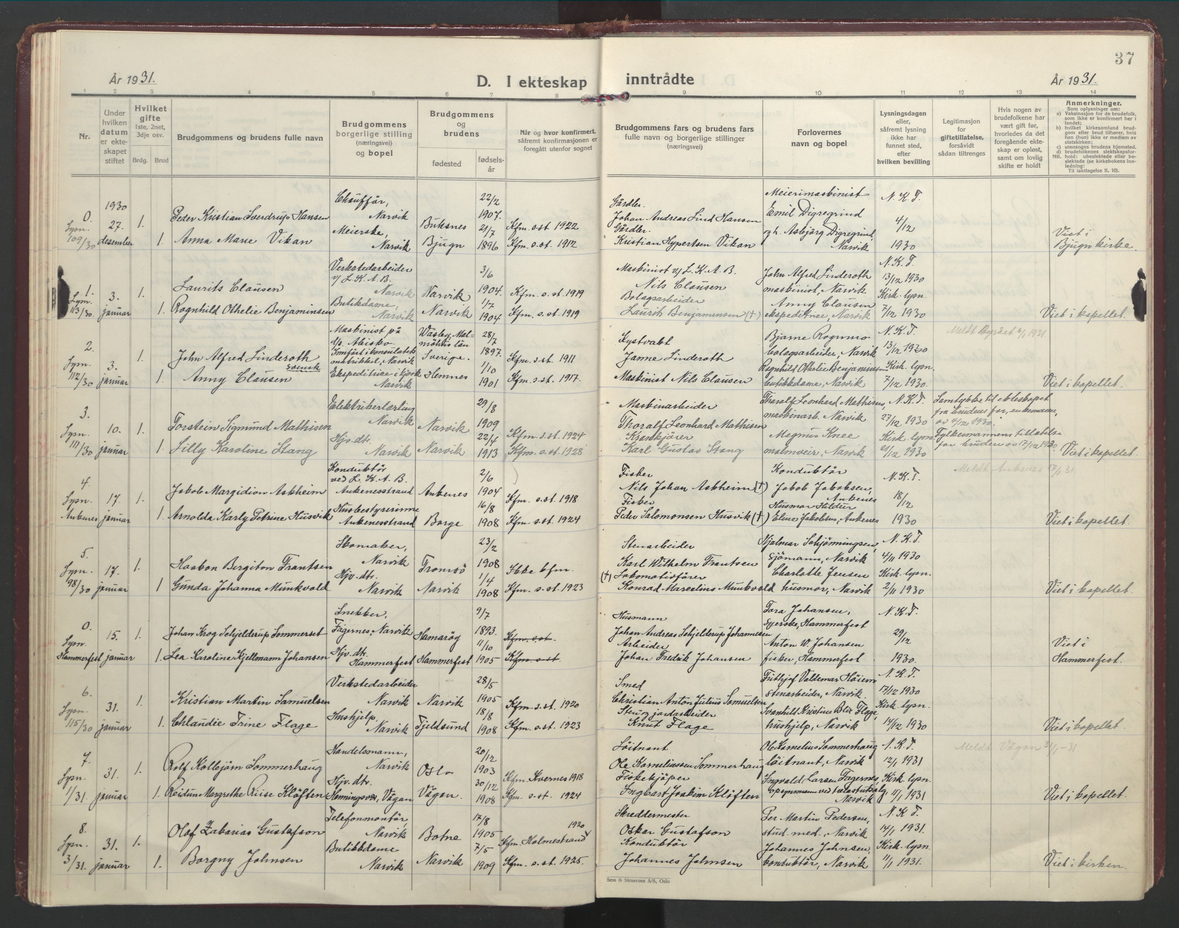 Ministerialprotokoller, klokkerbøker og fødselsregistre - Nordland, AV/SAT-A-1459/871/L1006: Parish register (official) no. 871A22, 1928-1936, p. 37