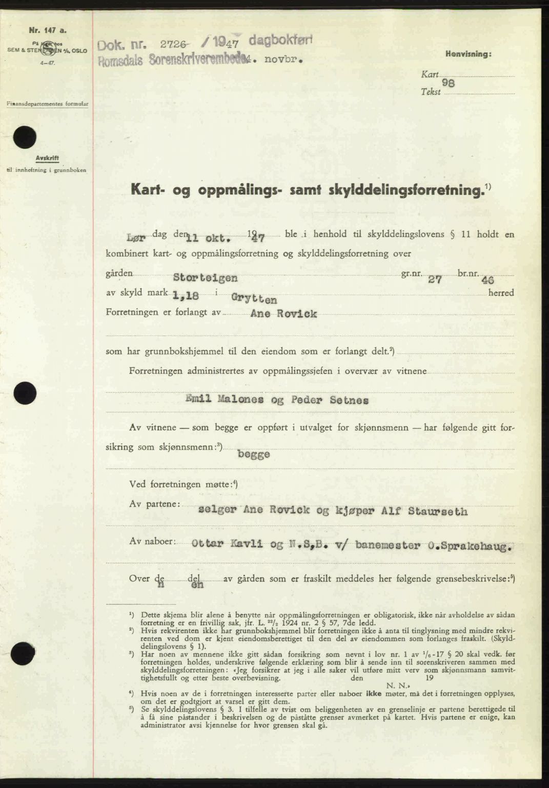 Romsdal sorenskriveri, SAT/A-4149/1/2/2C: Mortgage book no. A24, 1947-1947, Diary no: : 2726/1947
