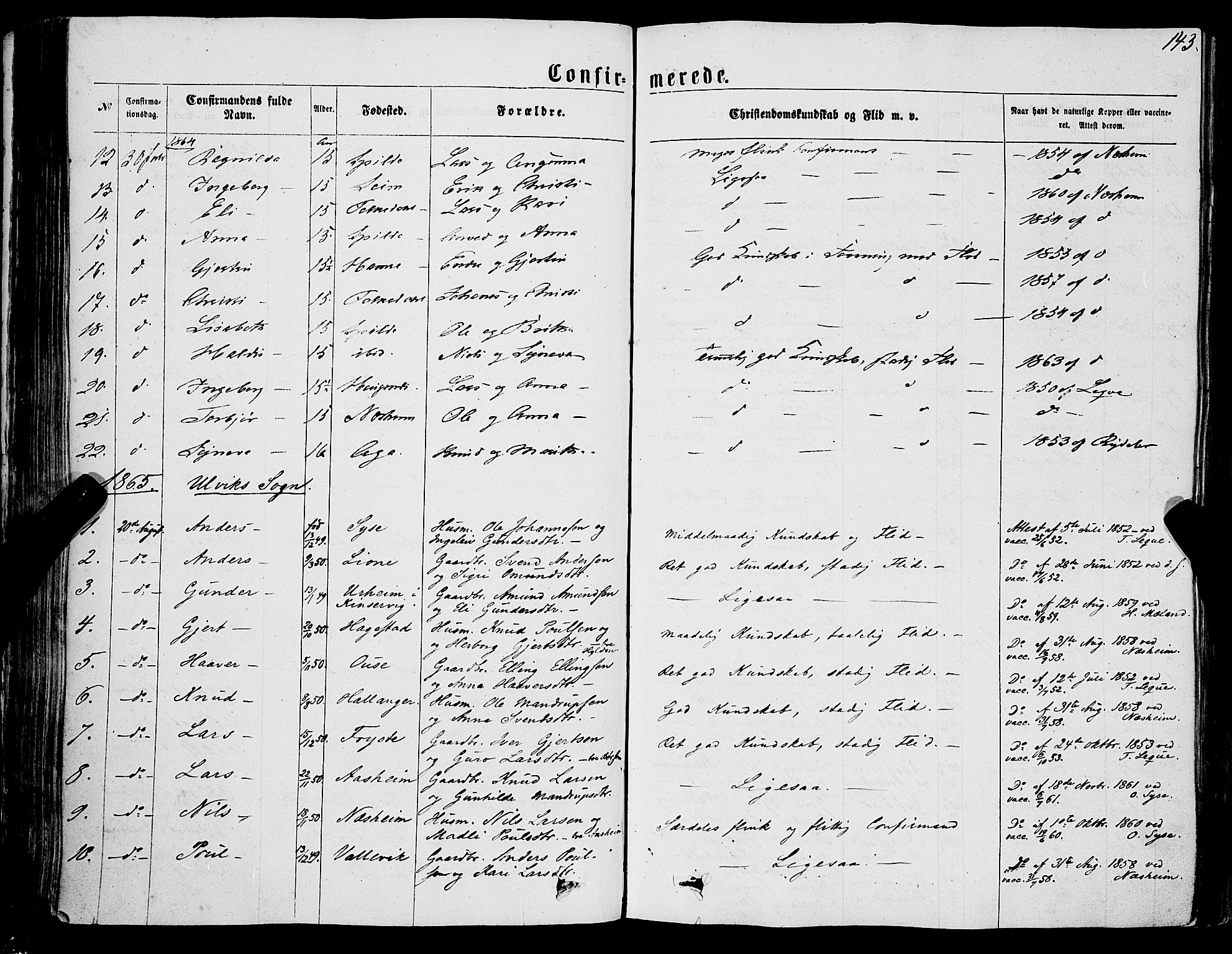 Ulvik sokneprestembete, SAB/A-78801/H/Haa: Parish register (official) no. A 15, 1864-1878, p. 143