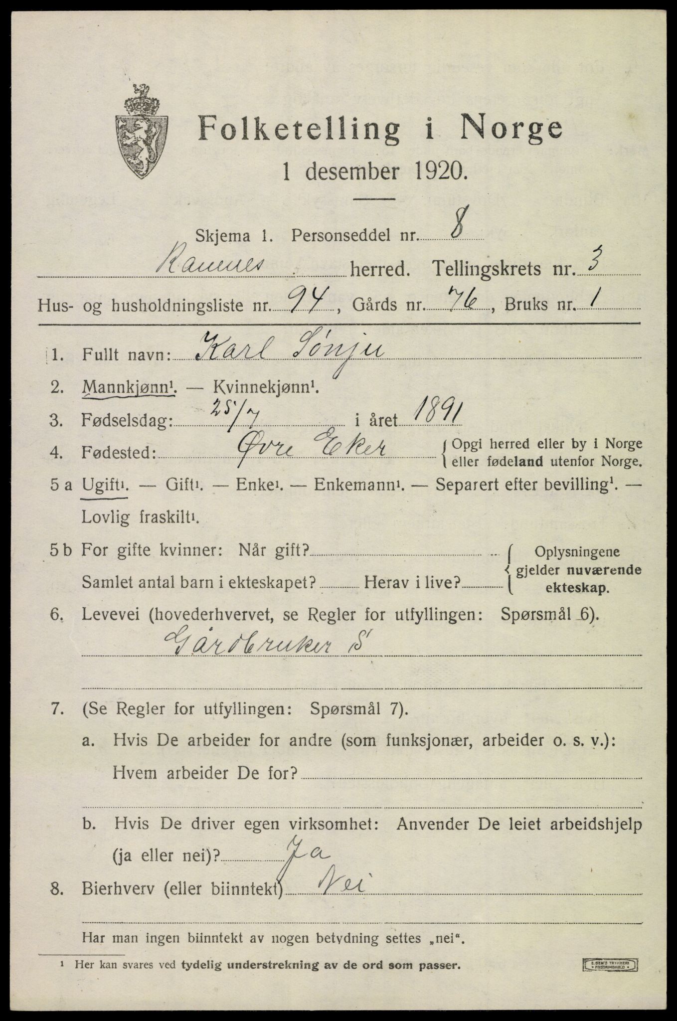 SAKO, 1920 census for Ramnes, 1920, p. 4326