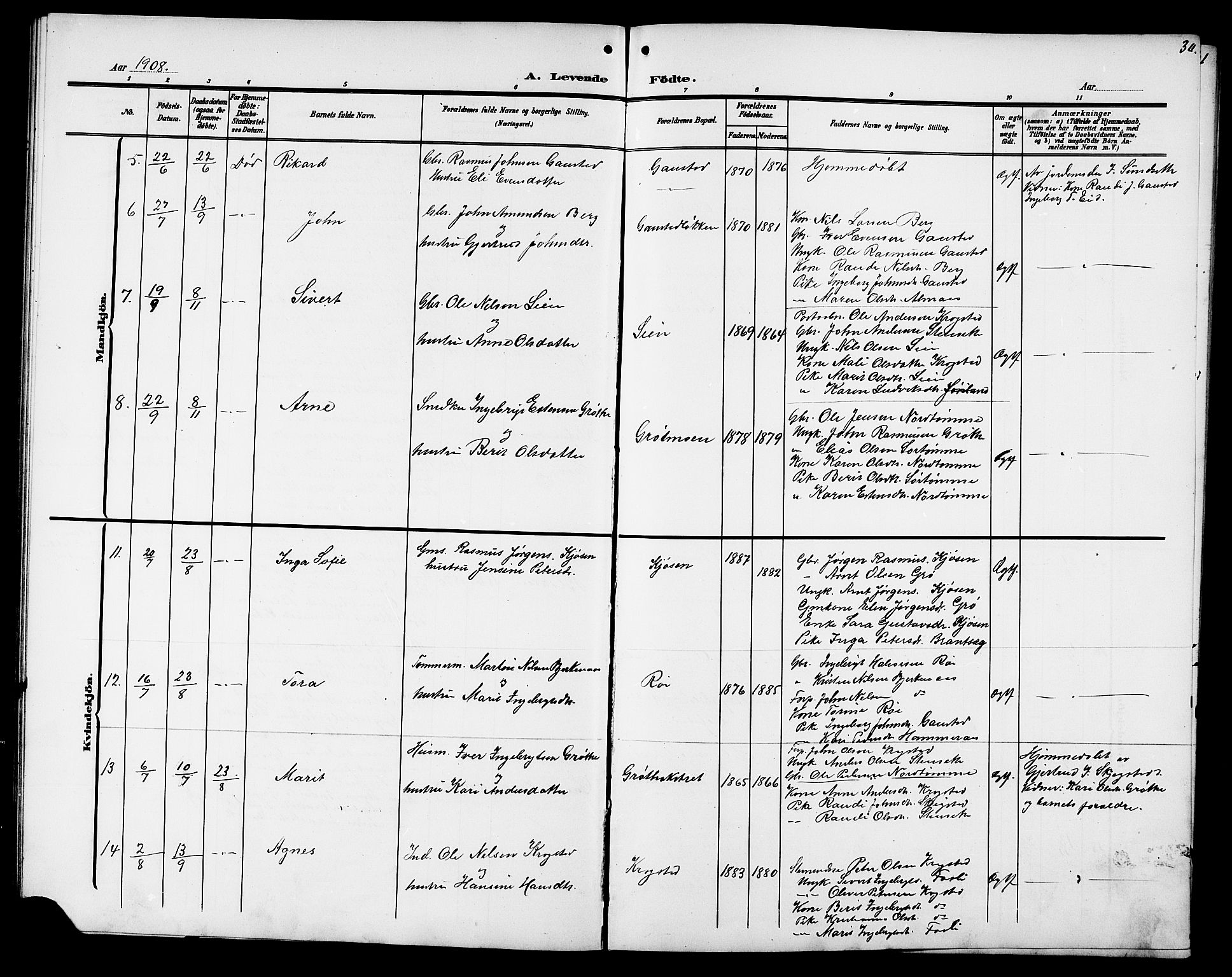 Ministerialprotokoller, klokkerbøker og fødselsregistre - Sør-Trøndelag, AV/SAT-A-1456/694/L1133: Parish register (copy) no. 694C05, 1901-1914, p. 30