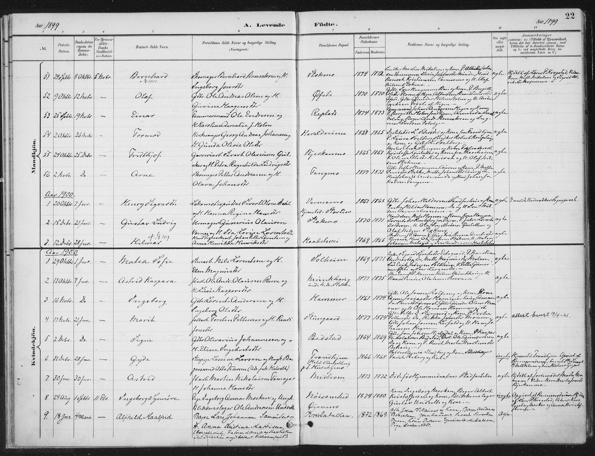 Ministerialprotokoller, klokkerbøker og fødselsregistre - Nord-Trøndelag, SAT/A-1458/709/L0082: Parish register (official) no. 709A22, 1896-1916, p. 22
